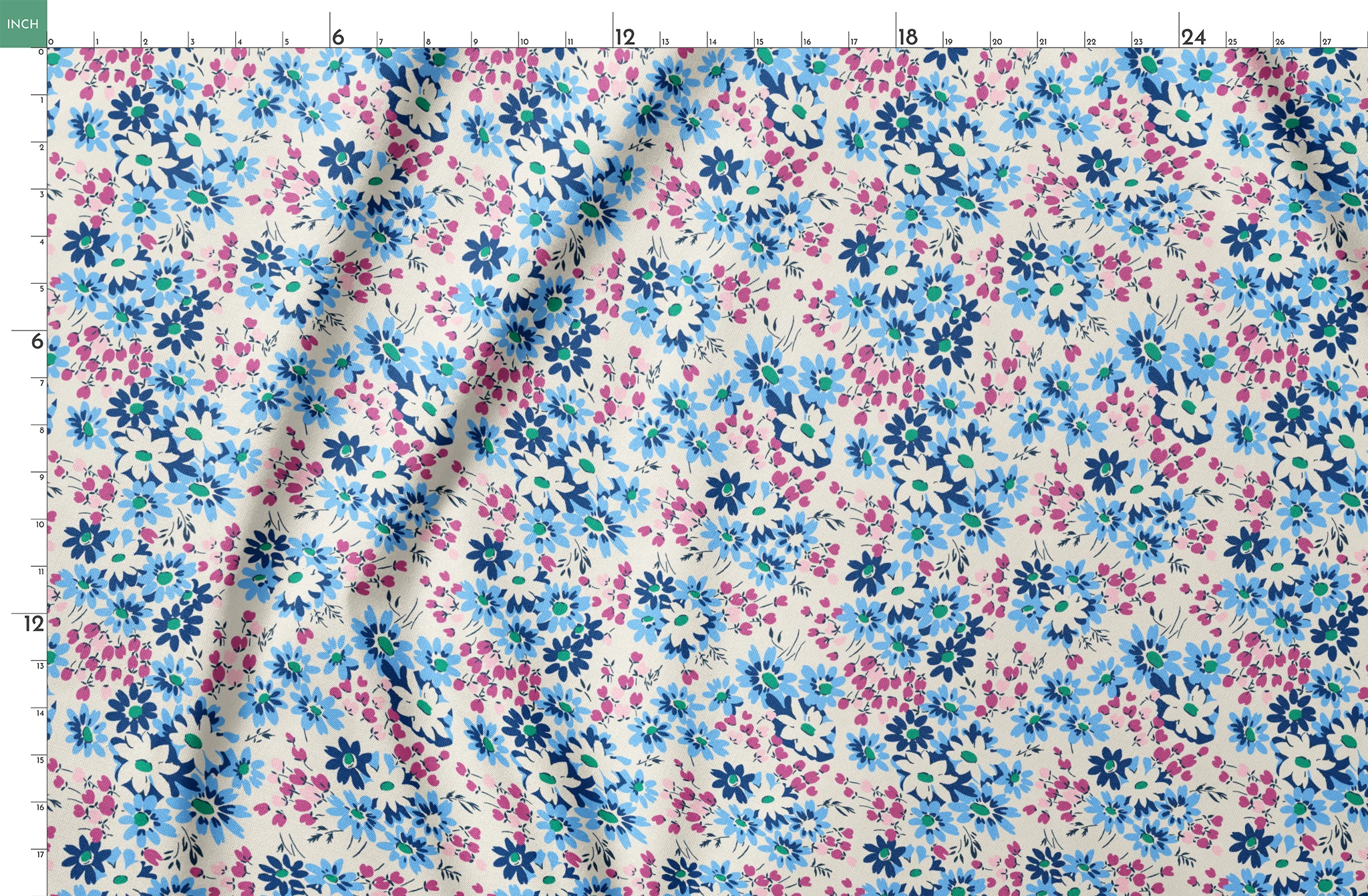 Floral pattern with blue, navy, and white daisies alongside small magenta berries on cream background springs fatquarter mockup