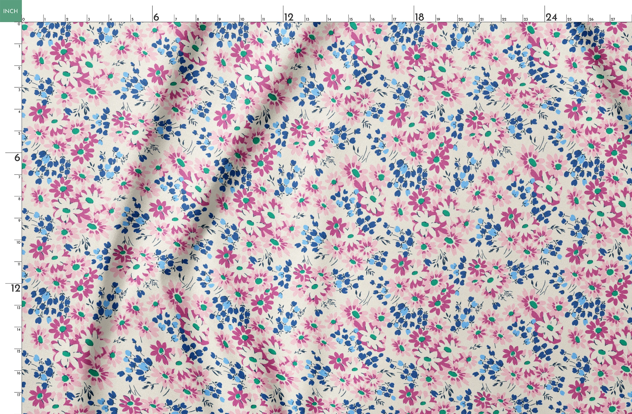 Colorful floral pattern with pink and magenta daisies, blue berries, and green accents on cream background springs fatquarter mockup