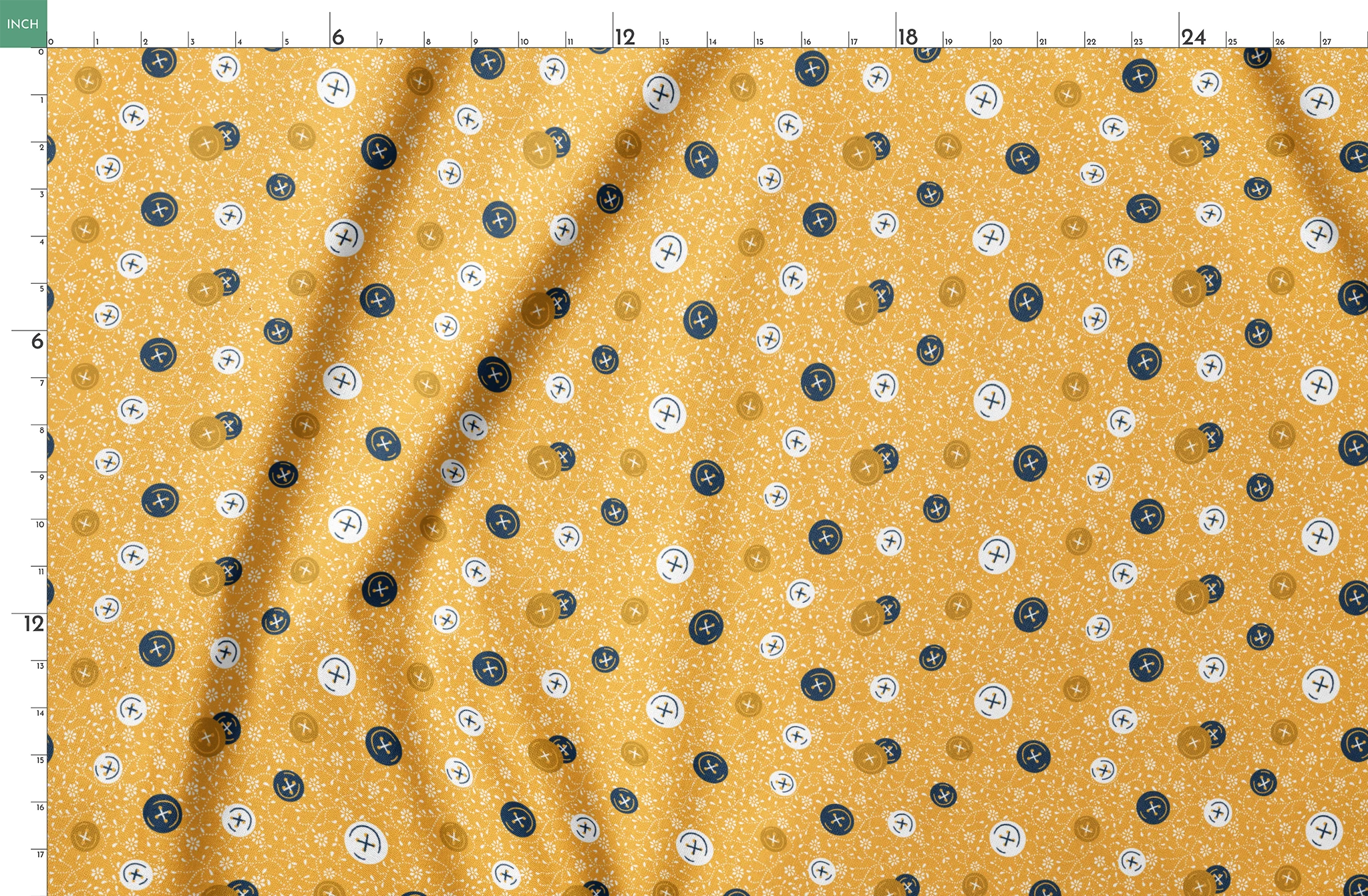 Circular buttons with cross symbols in gold, navy, and white scattered on a gold floral background springs fatquarter mockup