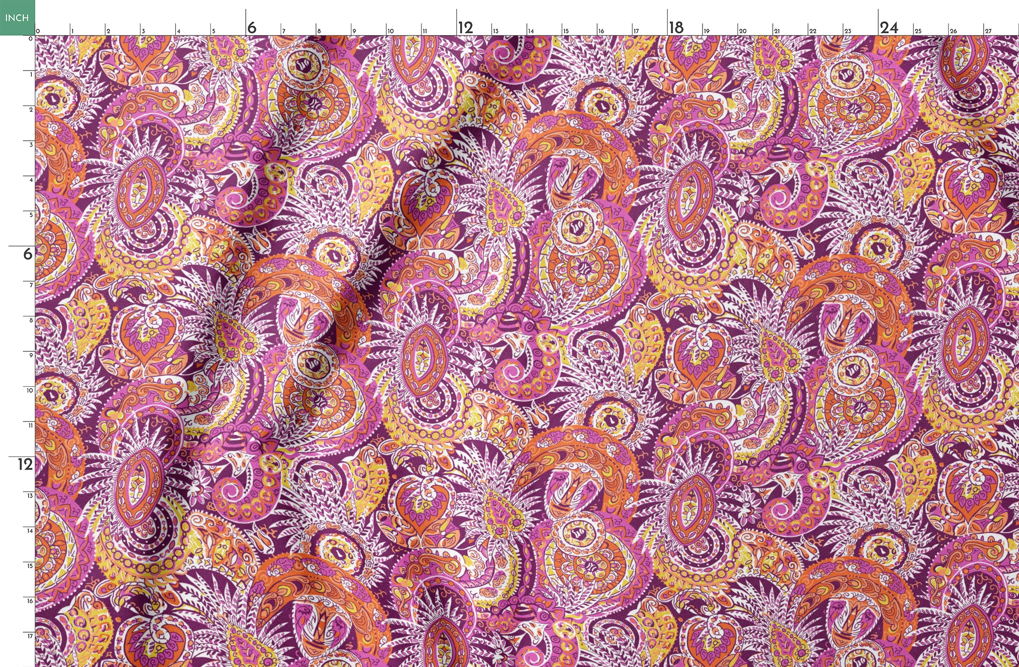 Vibrant paisley pattern with swirling shapes in purple, orange, pink, and yellow tones springs fatquarter mockup
