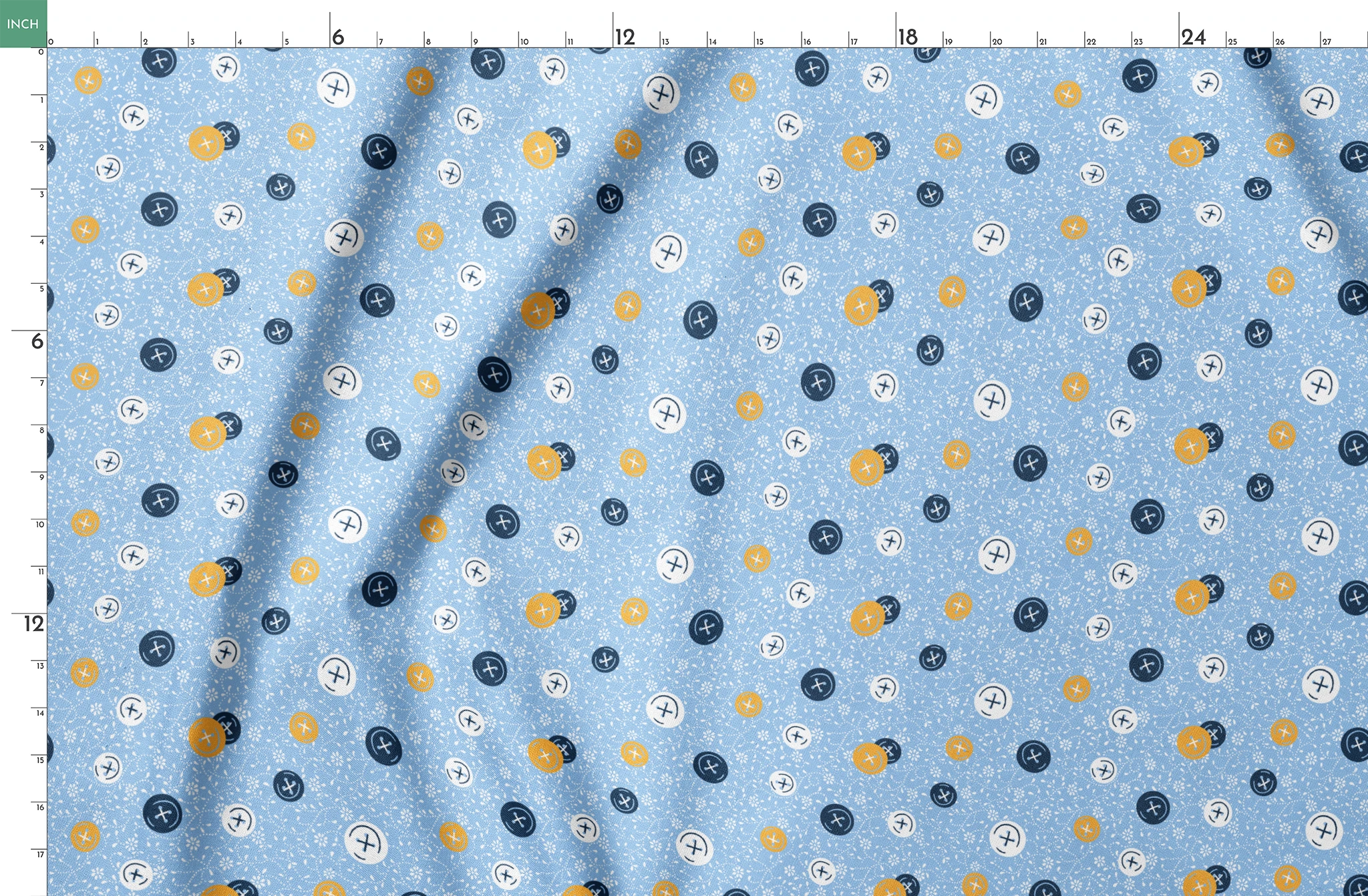 Blue background with scattered circular buttons in white, navy, and gold, each featuring cross designs, on a floral pattern. springs fatquarter mockup