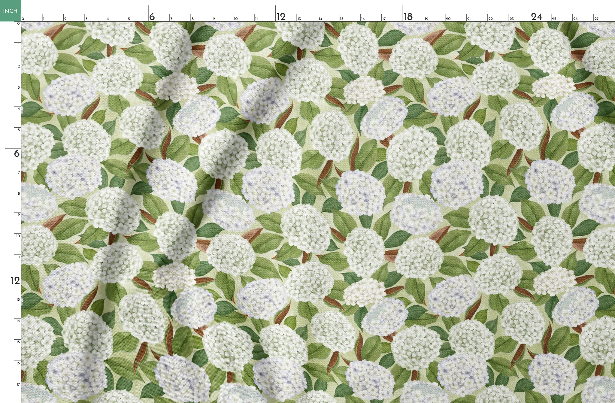 Realistic white hydrangea clusters with green leaves on a soft cream background, designed by Nicole Tamarin in a timeless botanical style. springs fatquarter mockup