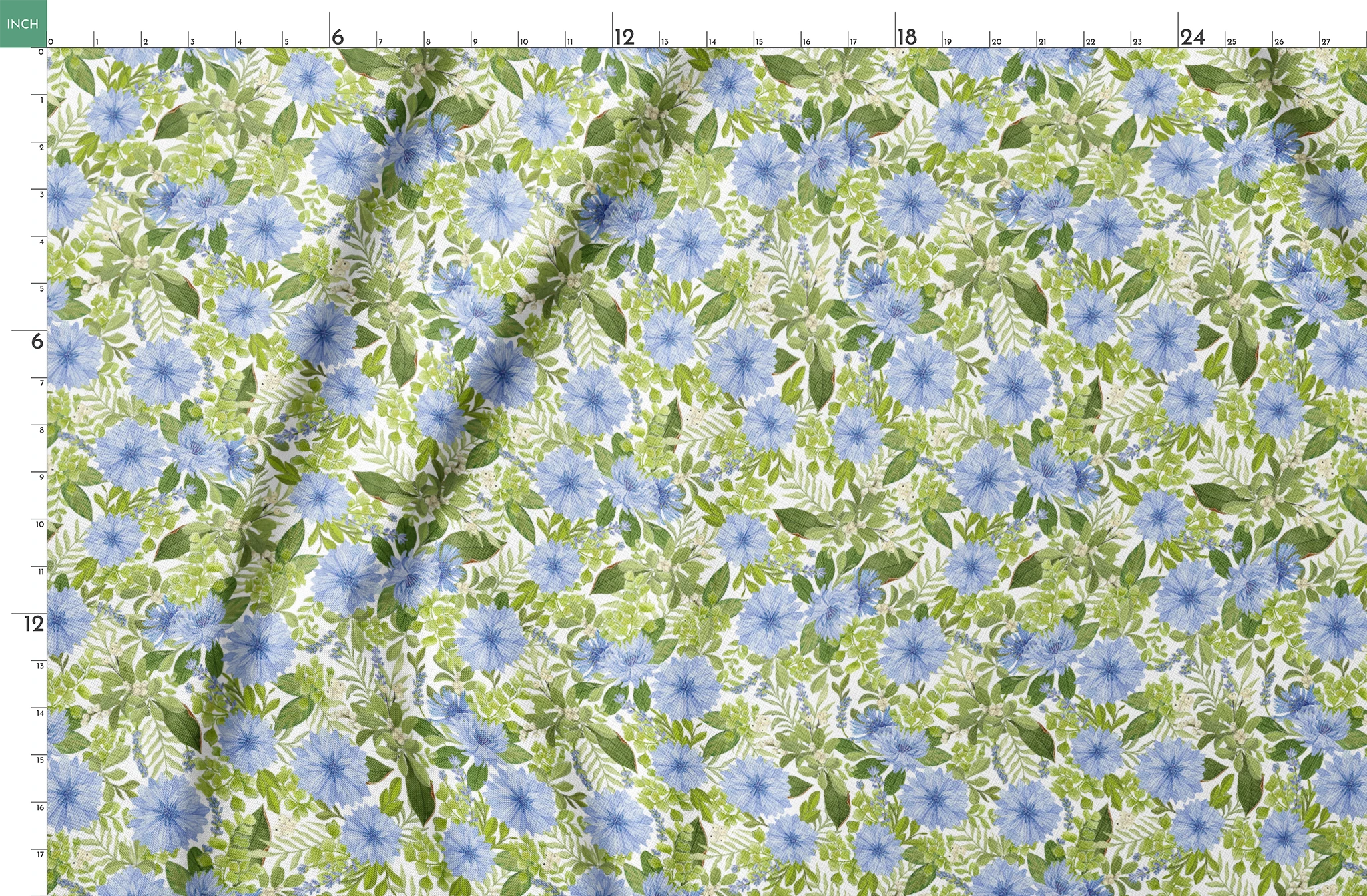 Watercolor-style botanical fabric pattern featuring blue wildflowers and soft green foliage on a white background. Designed by Nicole Tamarin. springs fatquarter mockup