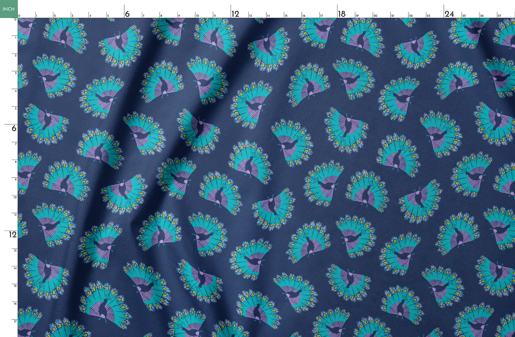 Vibrant peacock-inspired pattern with teal and purple fan shapes on blue background springs fatquarter mockup