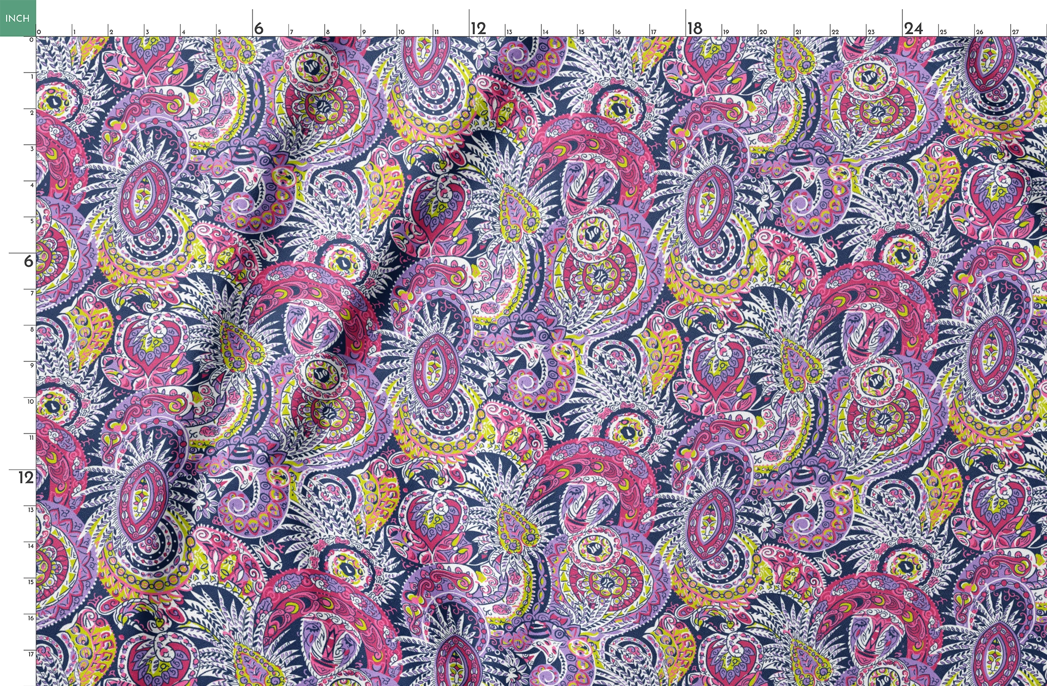 Vibrant paisley pattern in pink, purple, yellow, and blue with intricate swirling designs springs fatquarter mockup