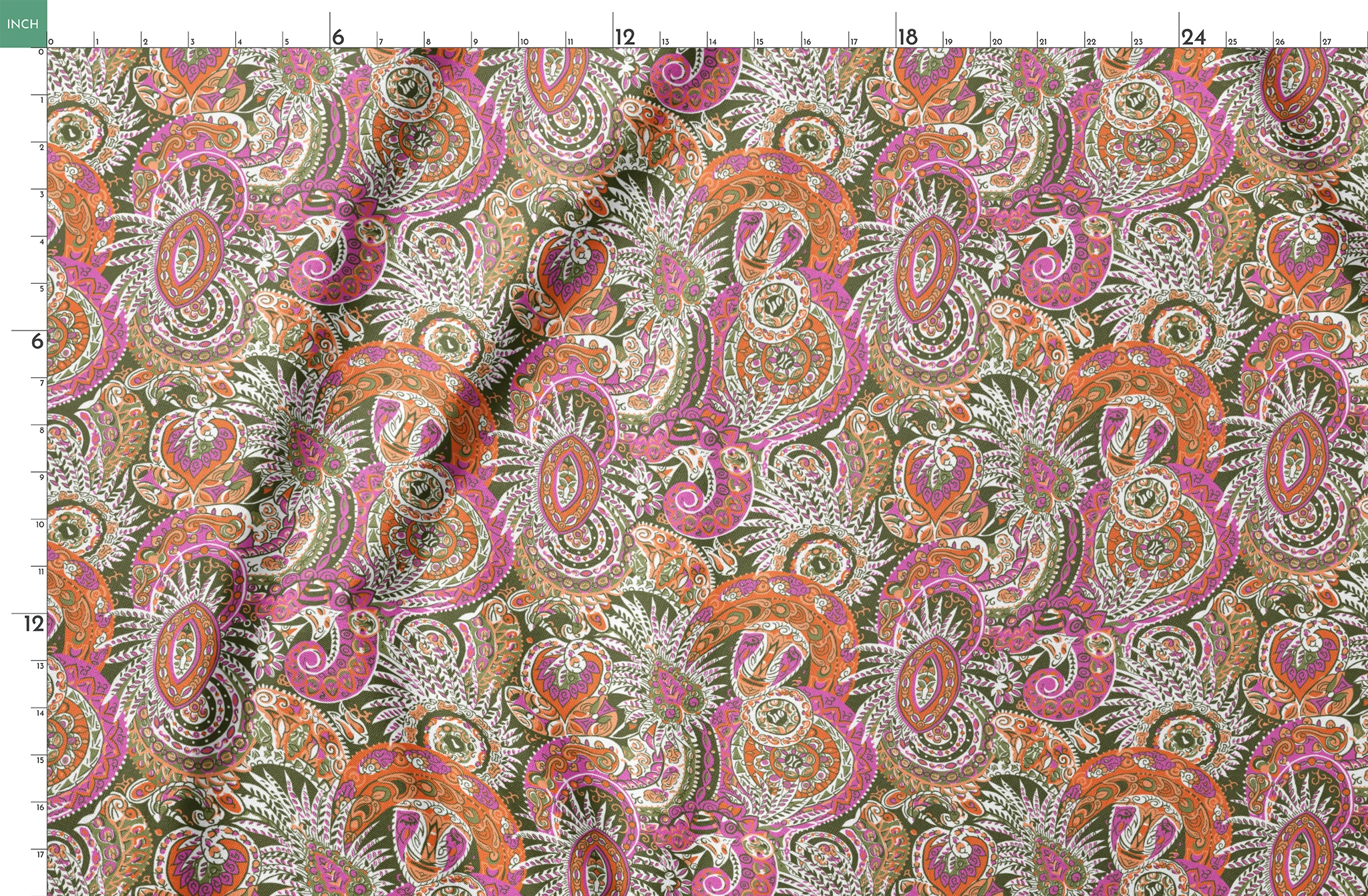 Vibrant paisley pattern with swirling designs in pink, orange, yellow and white on textured background springs fatquarter mockup