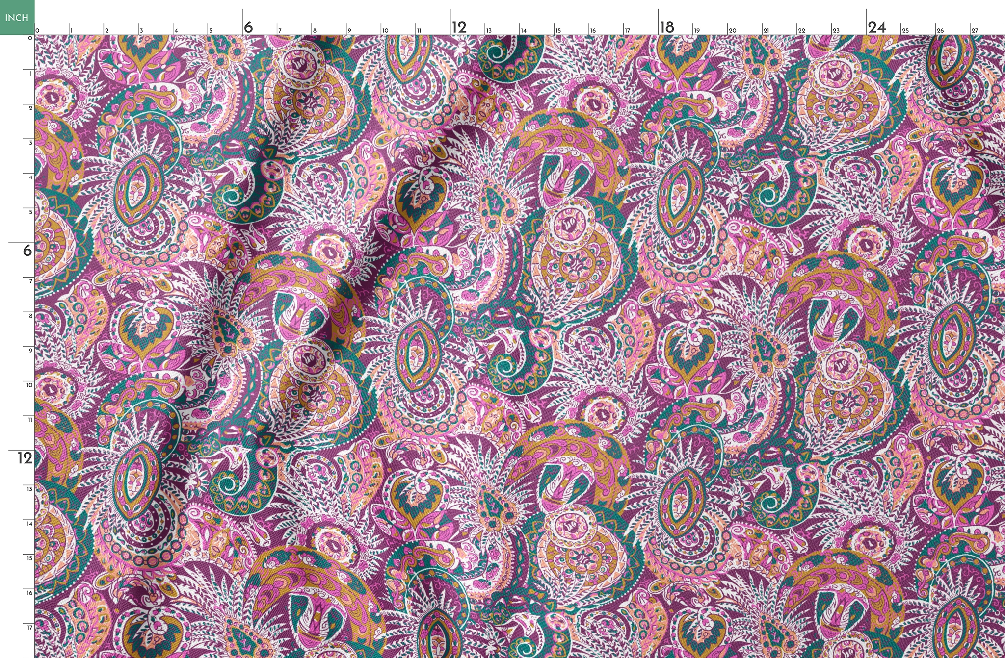Colorful paisley pattern with intricate swirls in purple, pink, orange, and teal tones springs fatquarter mockup