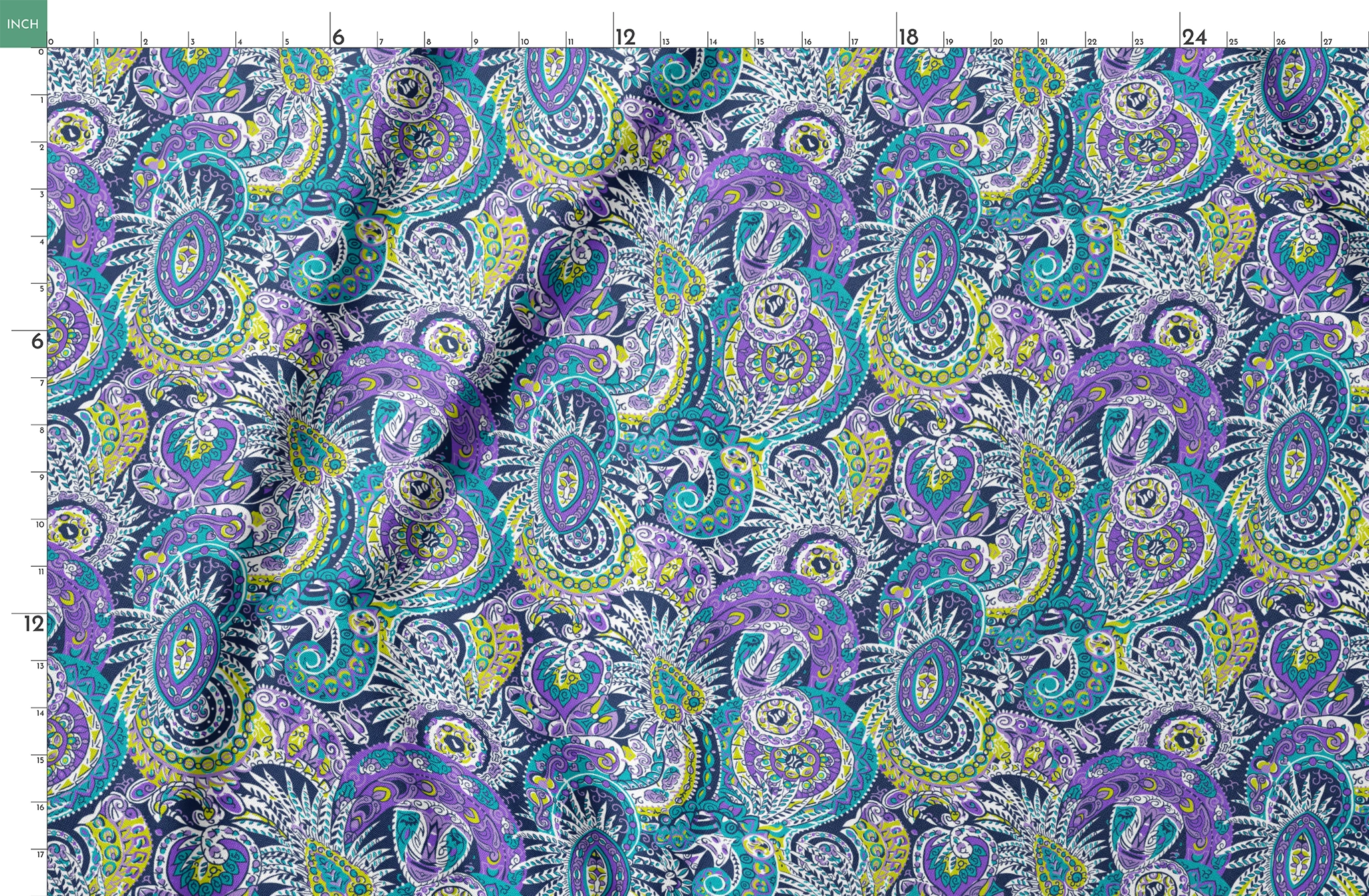 Vibrant paisley pattern with swirling designs in purple, blue, yellow, and white springs fatquarter mockup