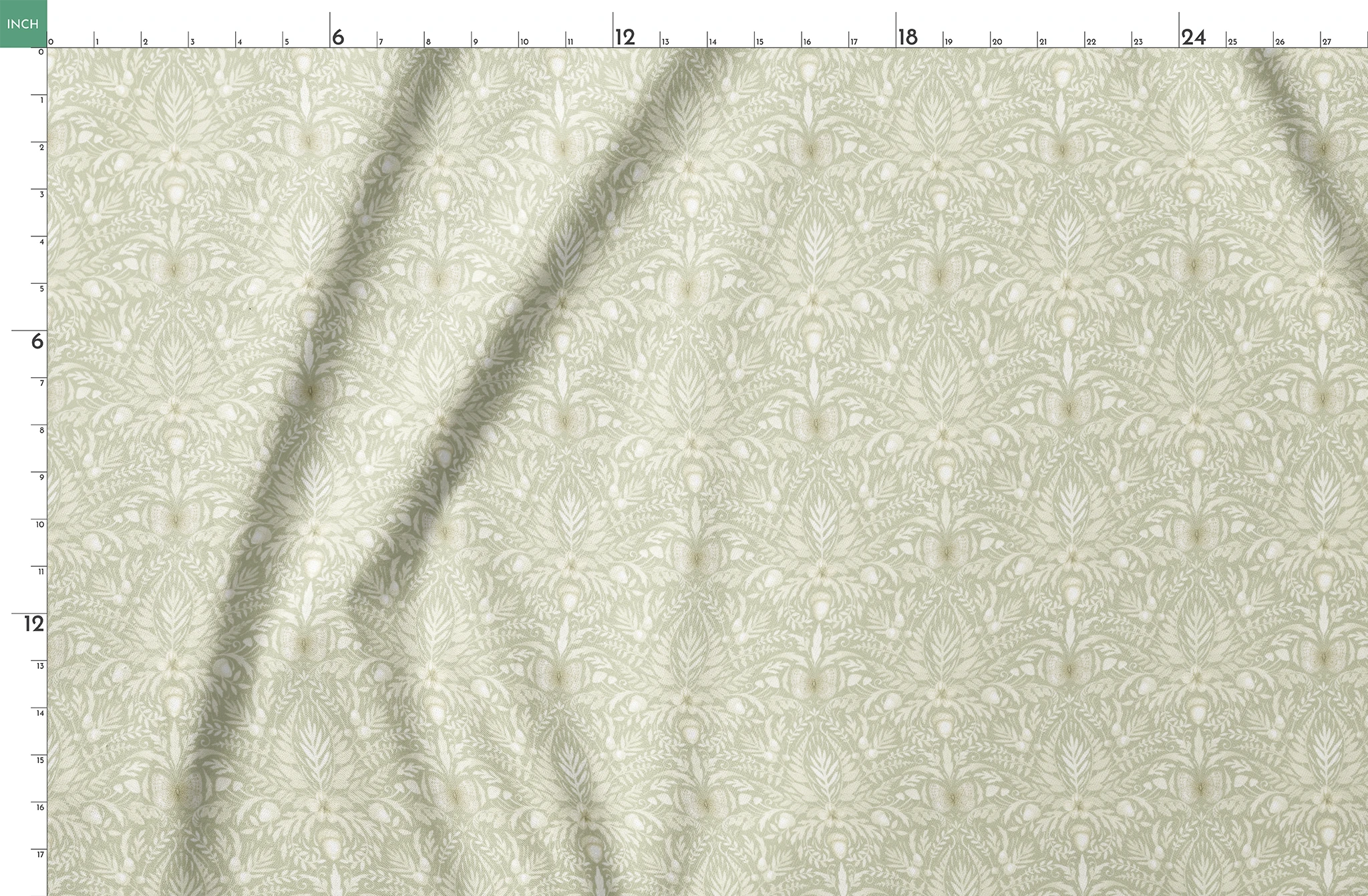 Sage and cream damask-style pattern featuring symmetrical acorns, oak leaves, and botanical motifs in a tonal palette by Nicole Tamarin. springs fatquarter mockup