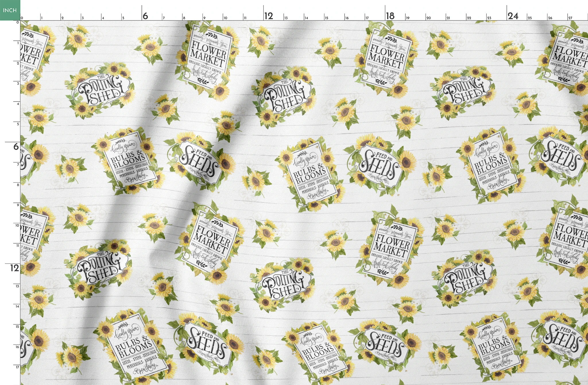 Watercolor sunflower clusters with vintage-style gardening labels on a white shiplap background, designed by Nicole Tamarin. springs fatquarter mockup