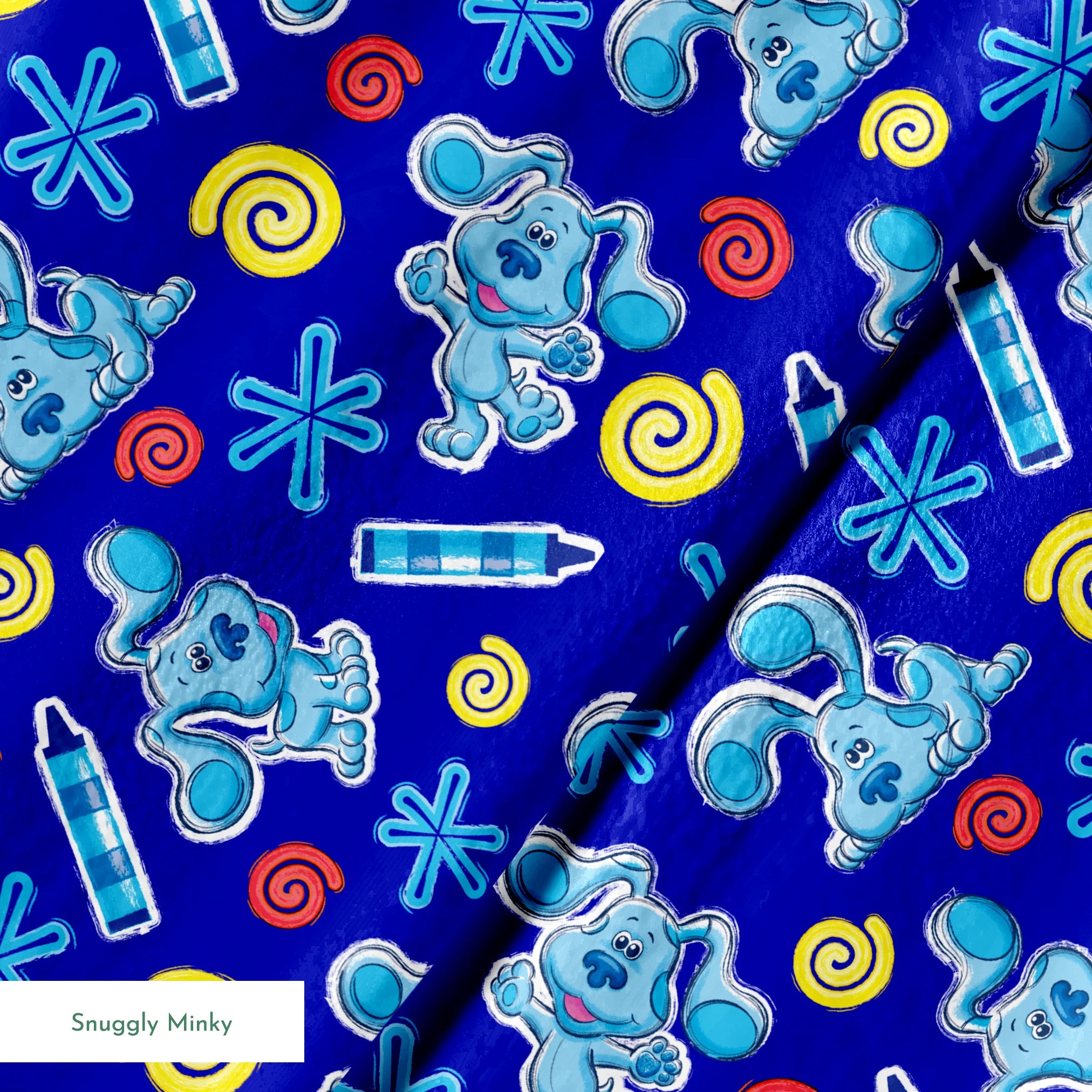 Blue background pattern with cartoon dog characters, snowflakes, spiral shapes, and thermometers in light blue, yellow, and red colors springs minky texture