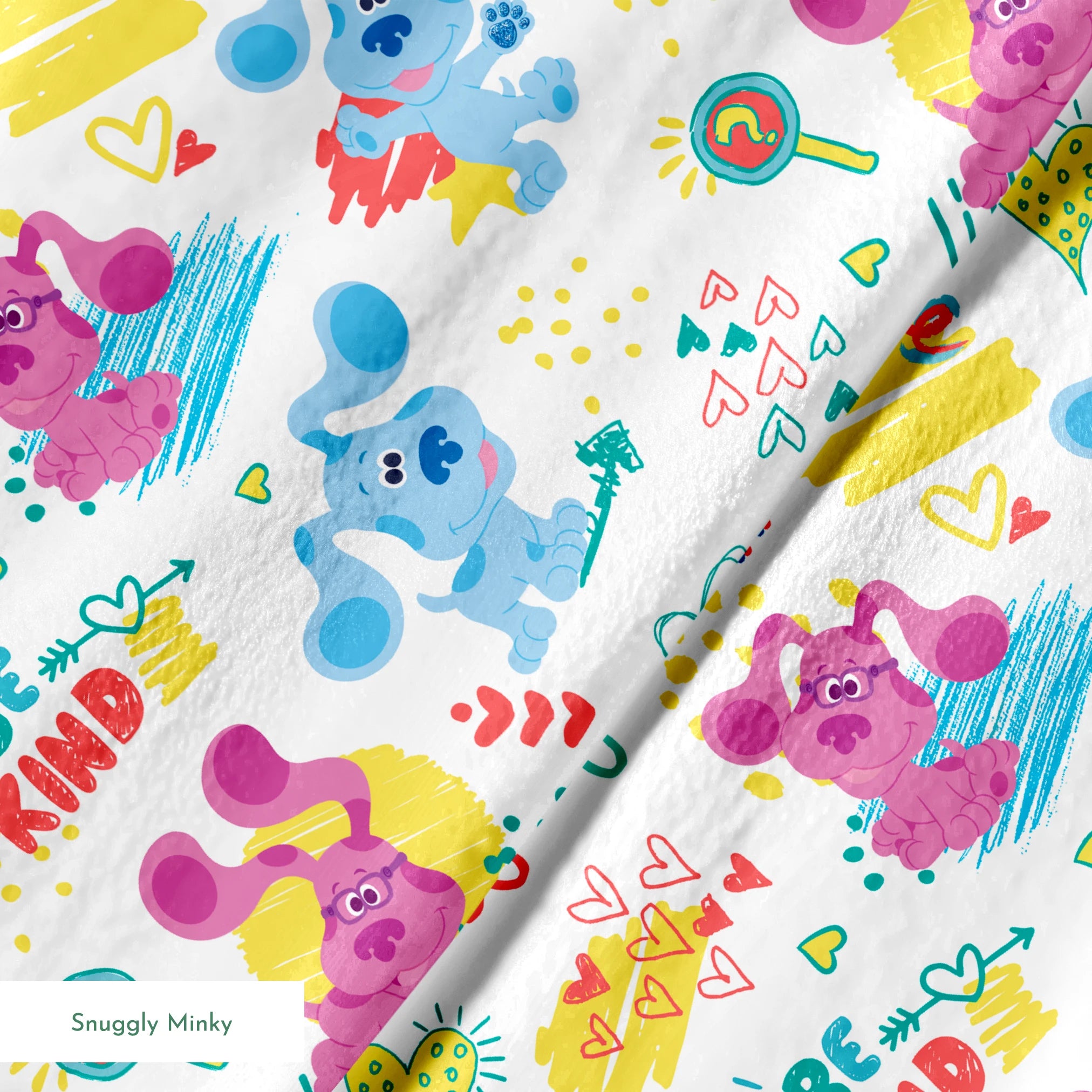 Colorful cartoon pattern with blue koalas and purple mice, hearts, and "BE KIND" text on white background springs minky texture