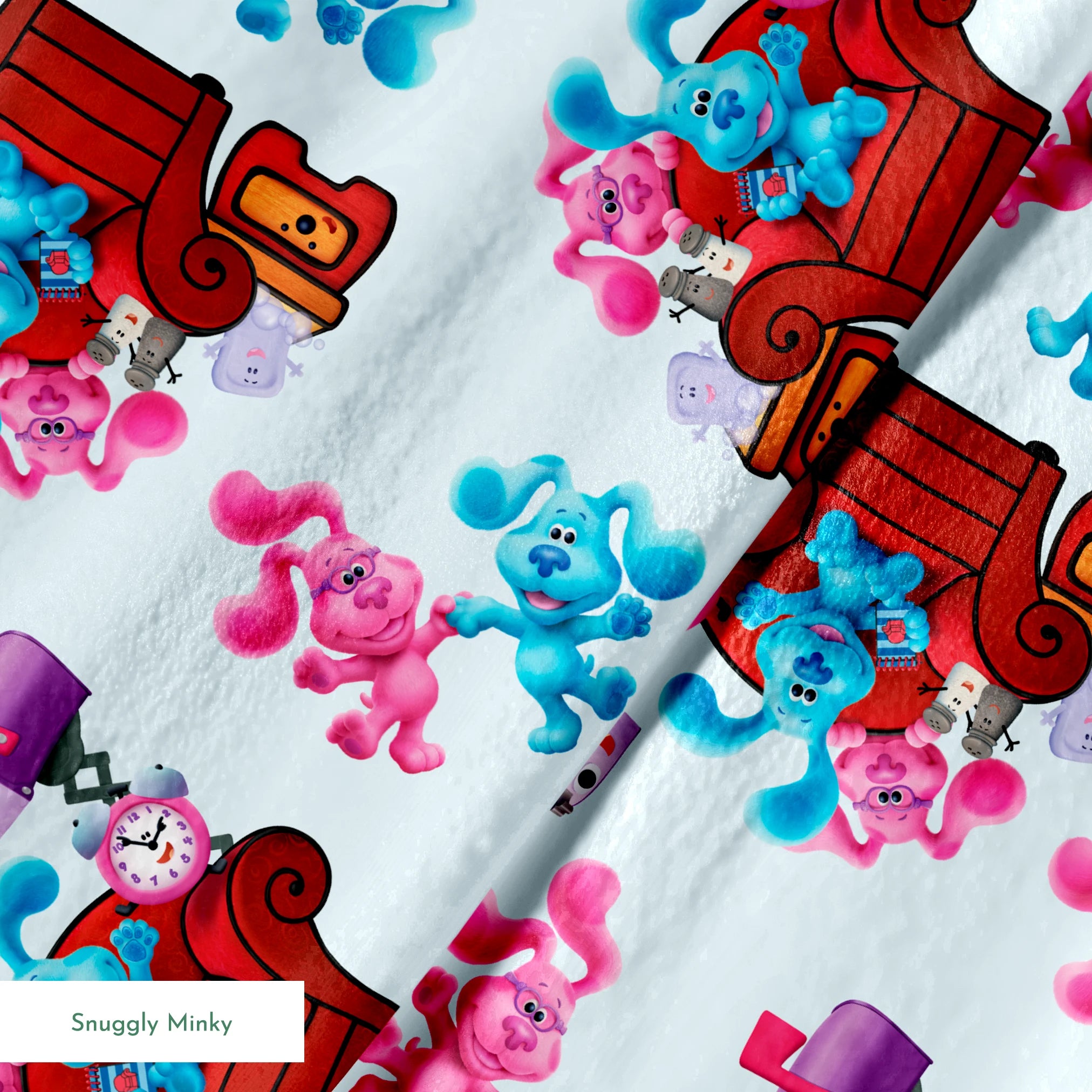 Colorful pattern featuring cartoon blue and pink puppy characters with armchairs, mailboxes, and clocks springs minky texture