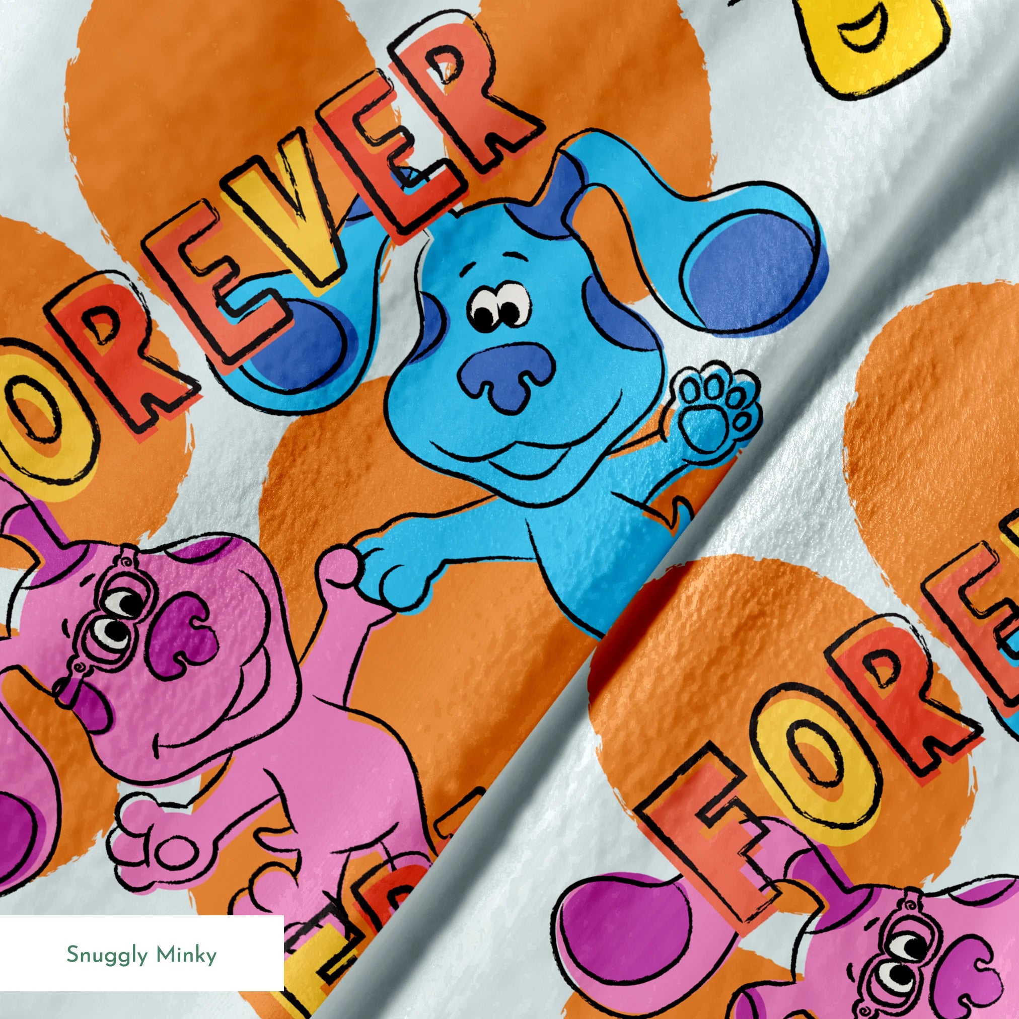 Colorful cartoon pattern with blue and pink characters, "FOREVER FRIENDS" text, and small playful icons on a light background springs minky texture