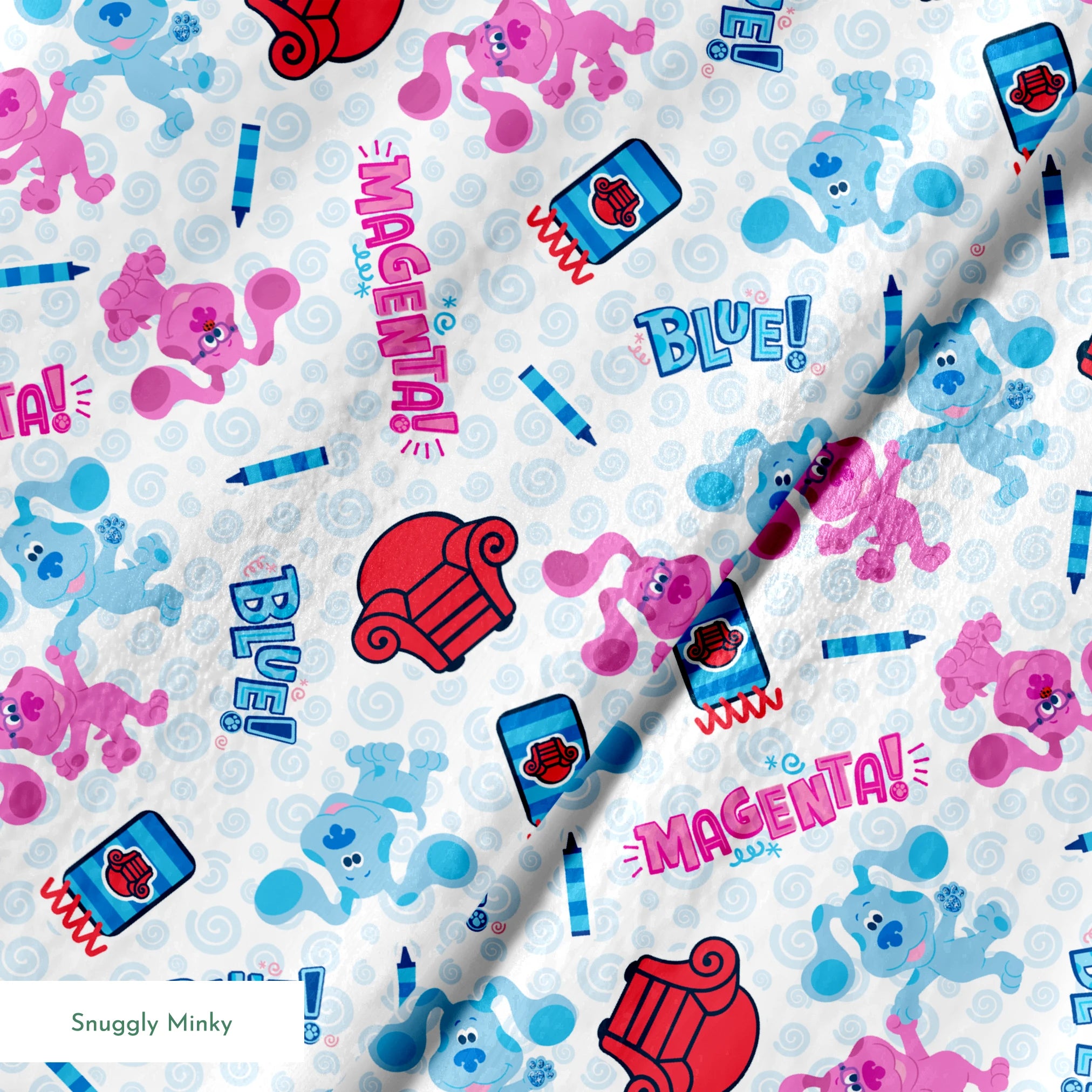 Nickelodeon, Colorful Blue's Clues pattern with blue and pink puppies, red chairs, notebooks, and crayons on a light blue background springs minky texture