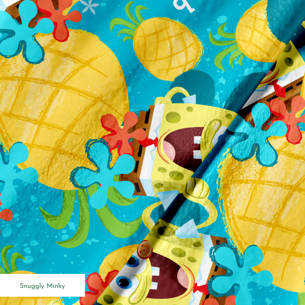 SpongeBob SquarePants pattern with pineapples and flowers on teal background springs minky texture