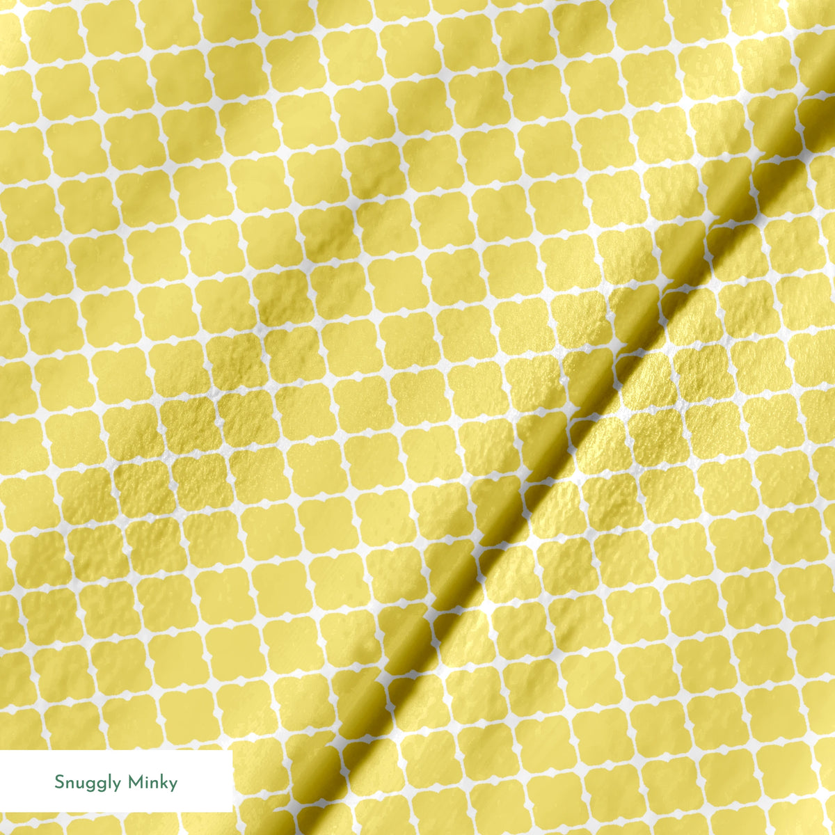 Yellow quatrefoil pattern on white background with Moroccan tile inspired design springs minky texture