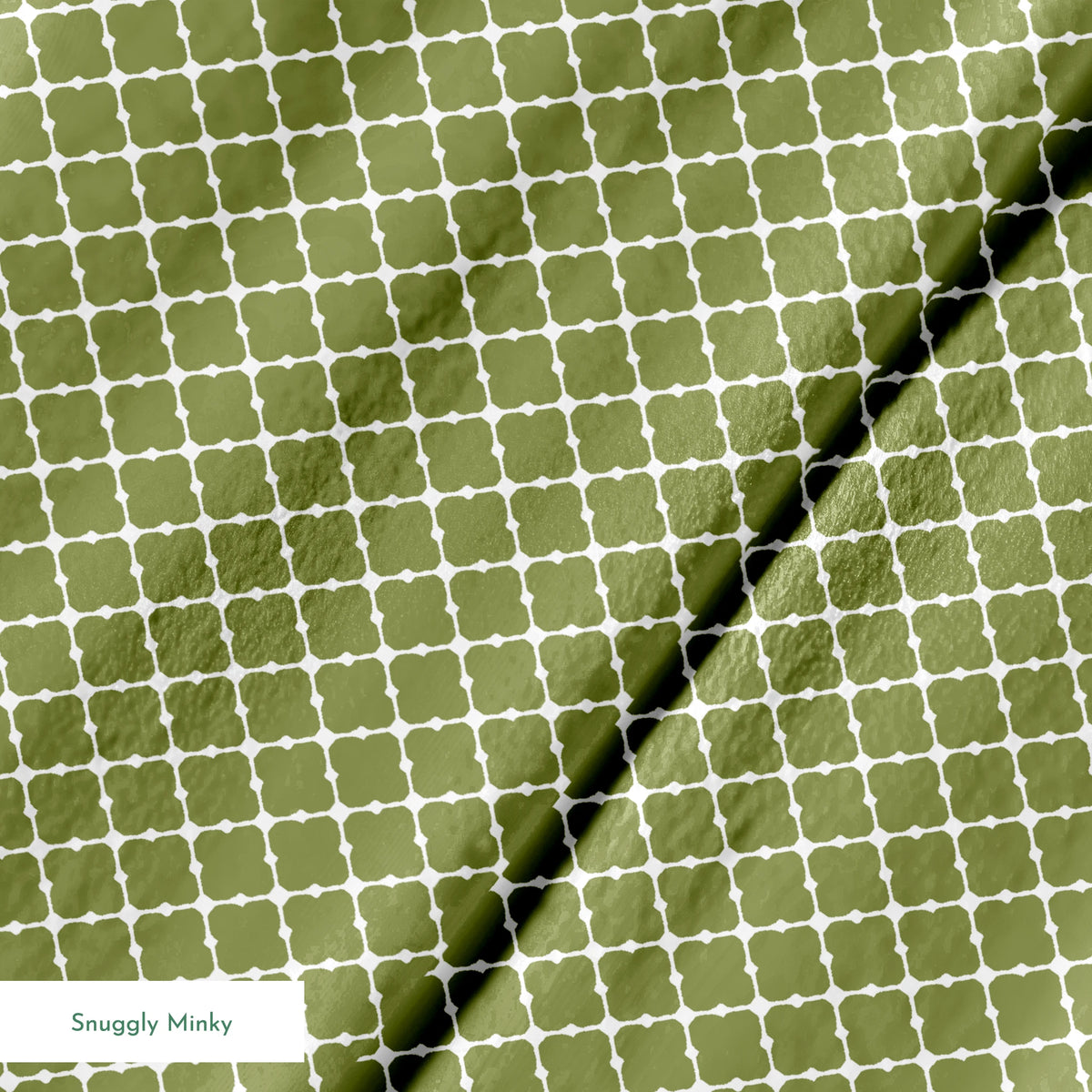 Sage green quatrefoil pattern with white lattice lines forming a Moroccan-style geometric design springs minky texture