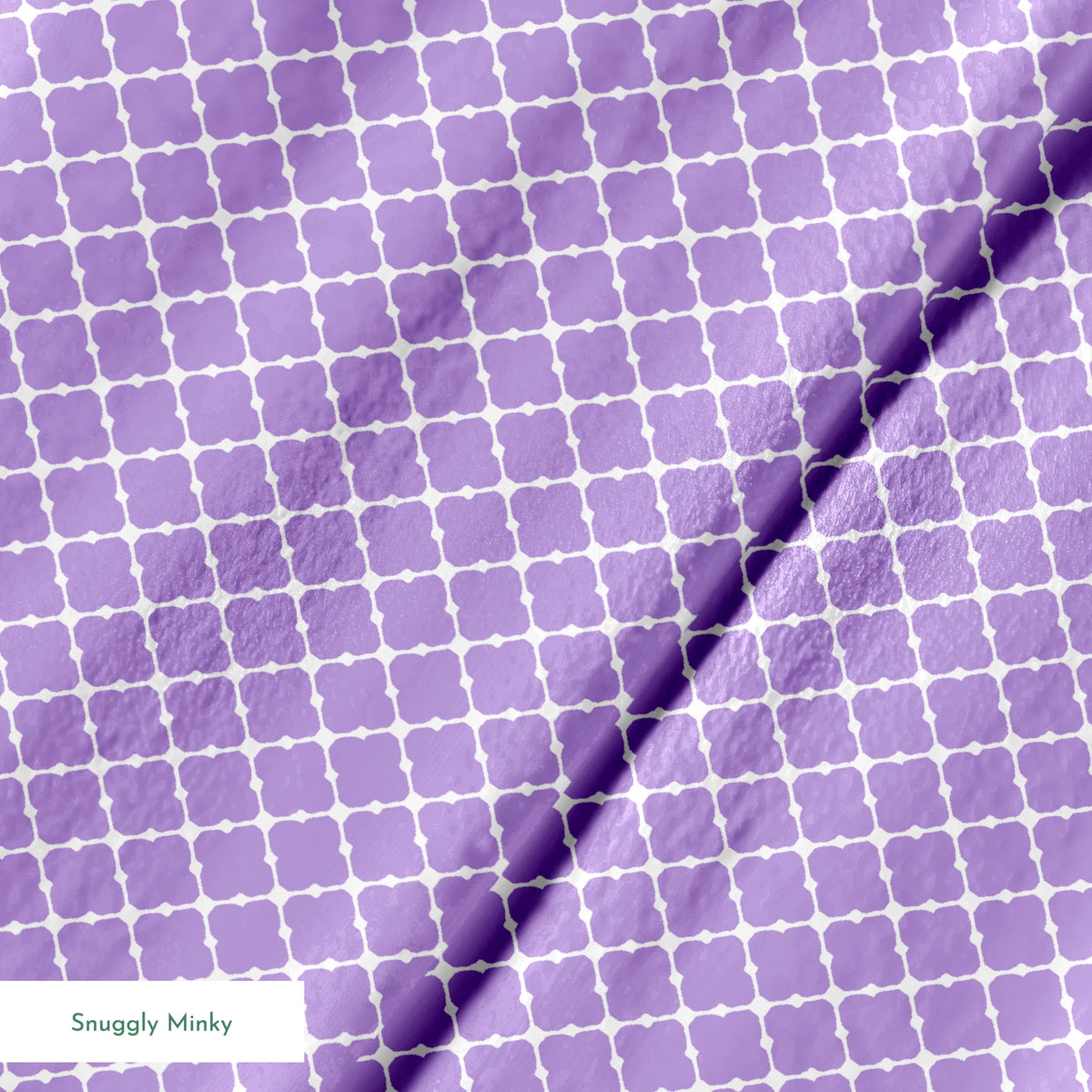 Purple quatrefoil pattern with white lattice grid on lavender background springs minky texture