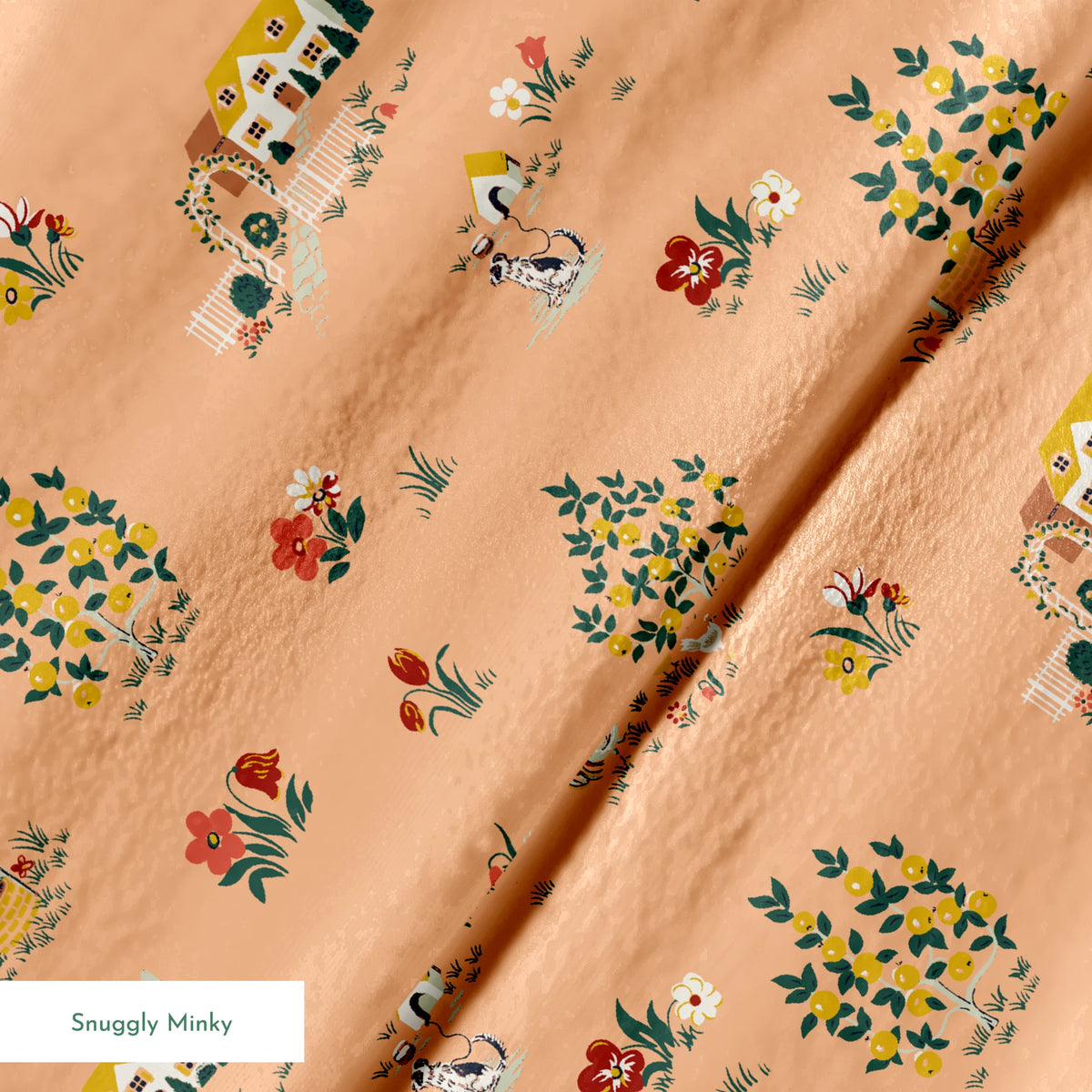 Vintage cottage scene design with houses, flowers, and animals on a peach background from the Springs Archive springs minky texture