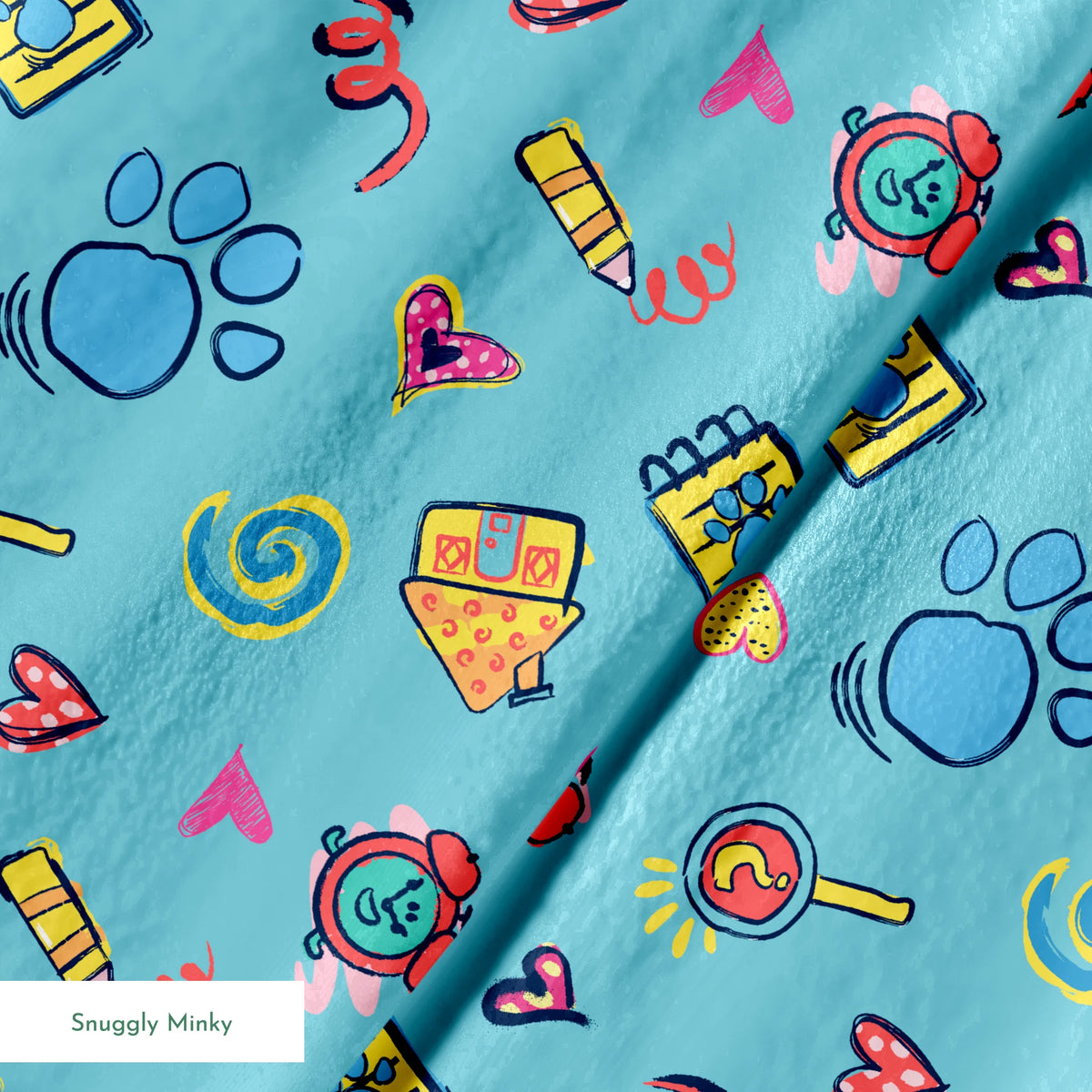 Blue’s Clues doodle-style pattern featuring paw prints, a crayon, spiral notebook, hearts, and magnifying glass on a light blue background. springs minky texture