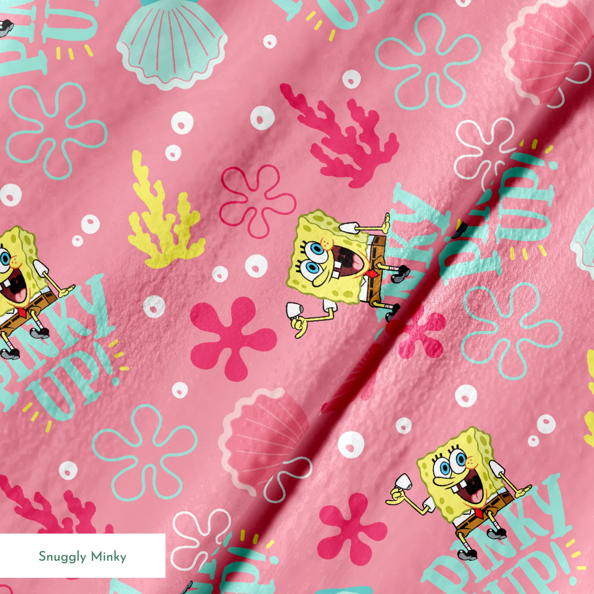 SpongeBob holding a teacup with “Pinky Up!” text, surrounded by sea shells, coral, and flower shapes on a pink background. springs minky texture
