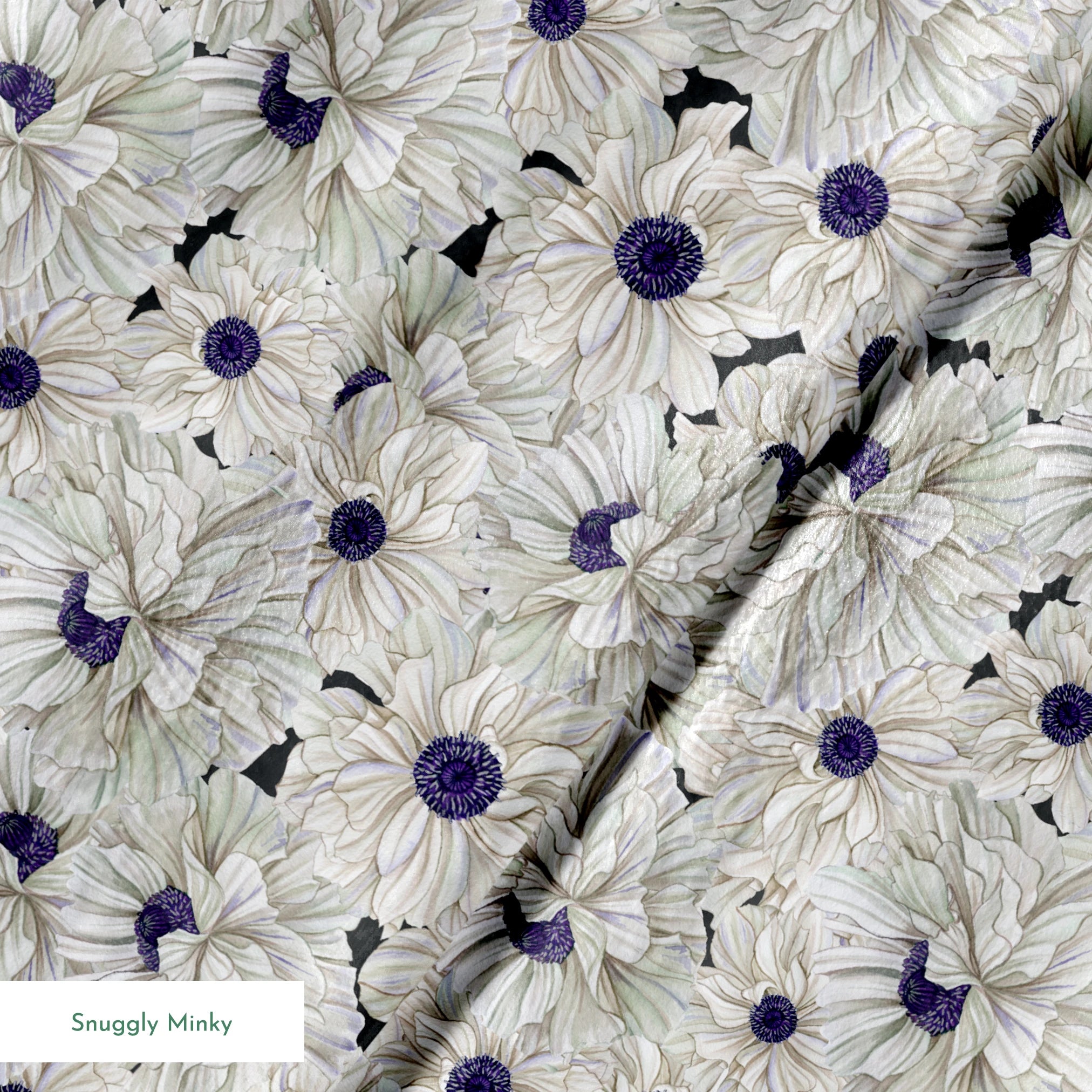 Ivory and indigo packed floral pattern with detailed petal textures and clustered blooms. springs minky texture