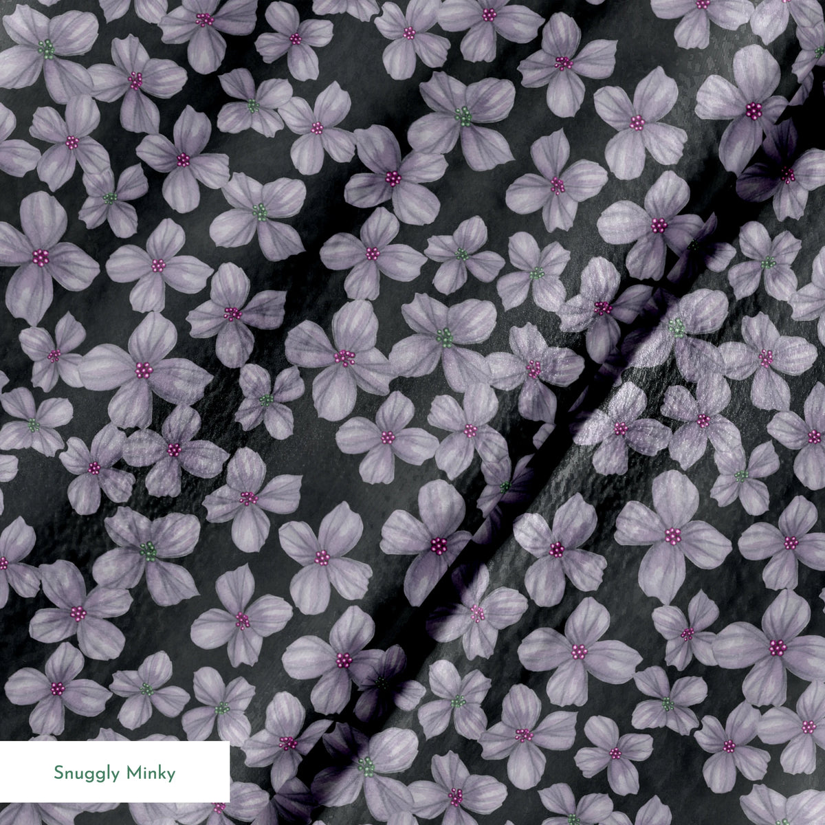 Hand-drawn purple flowers scattered on a charcoal background, designed by Nicole Tamarin. springs minky texture