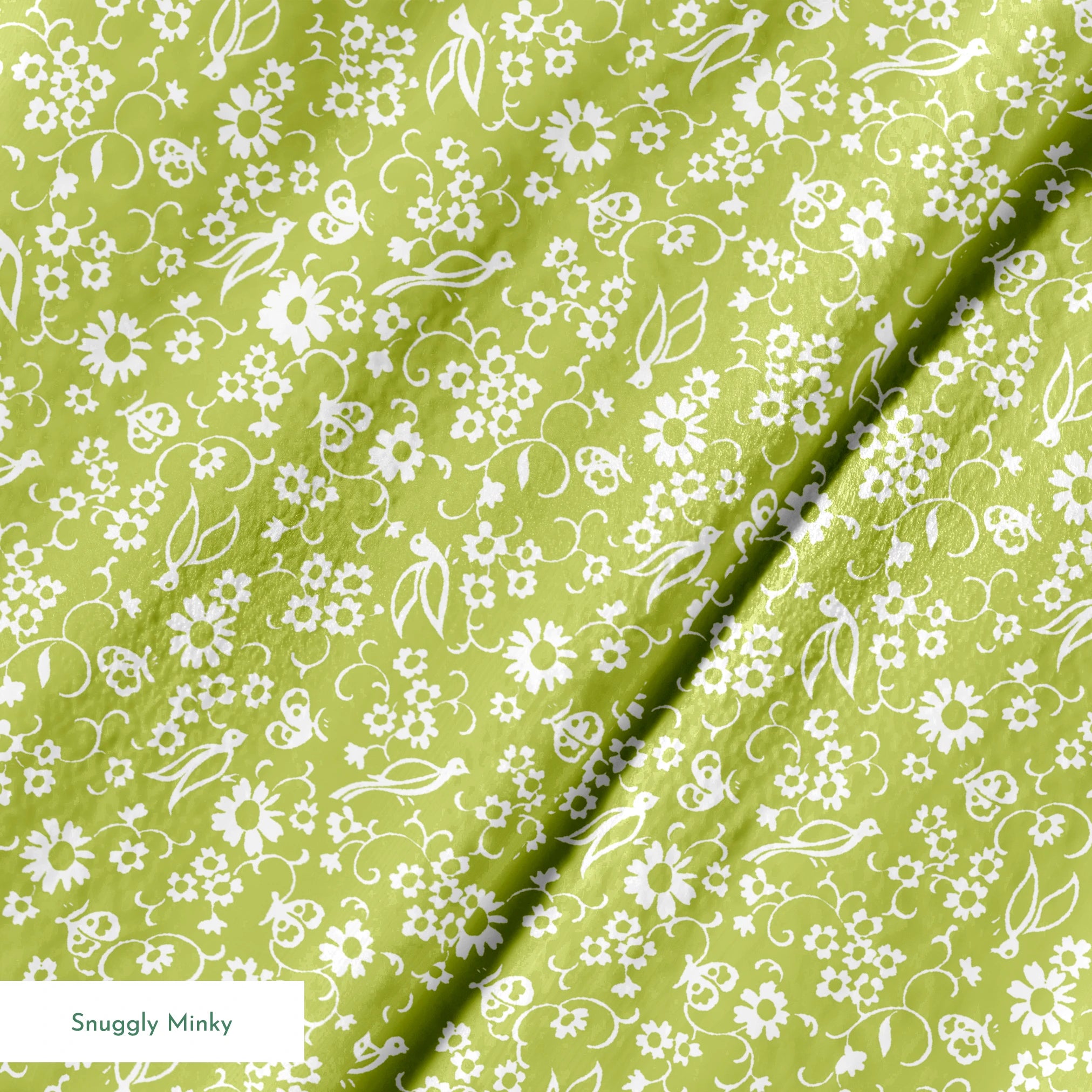 White bird and floral pattern on a vibrant lime green background. springs minky texture