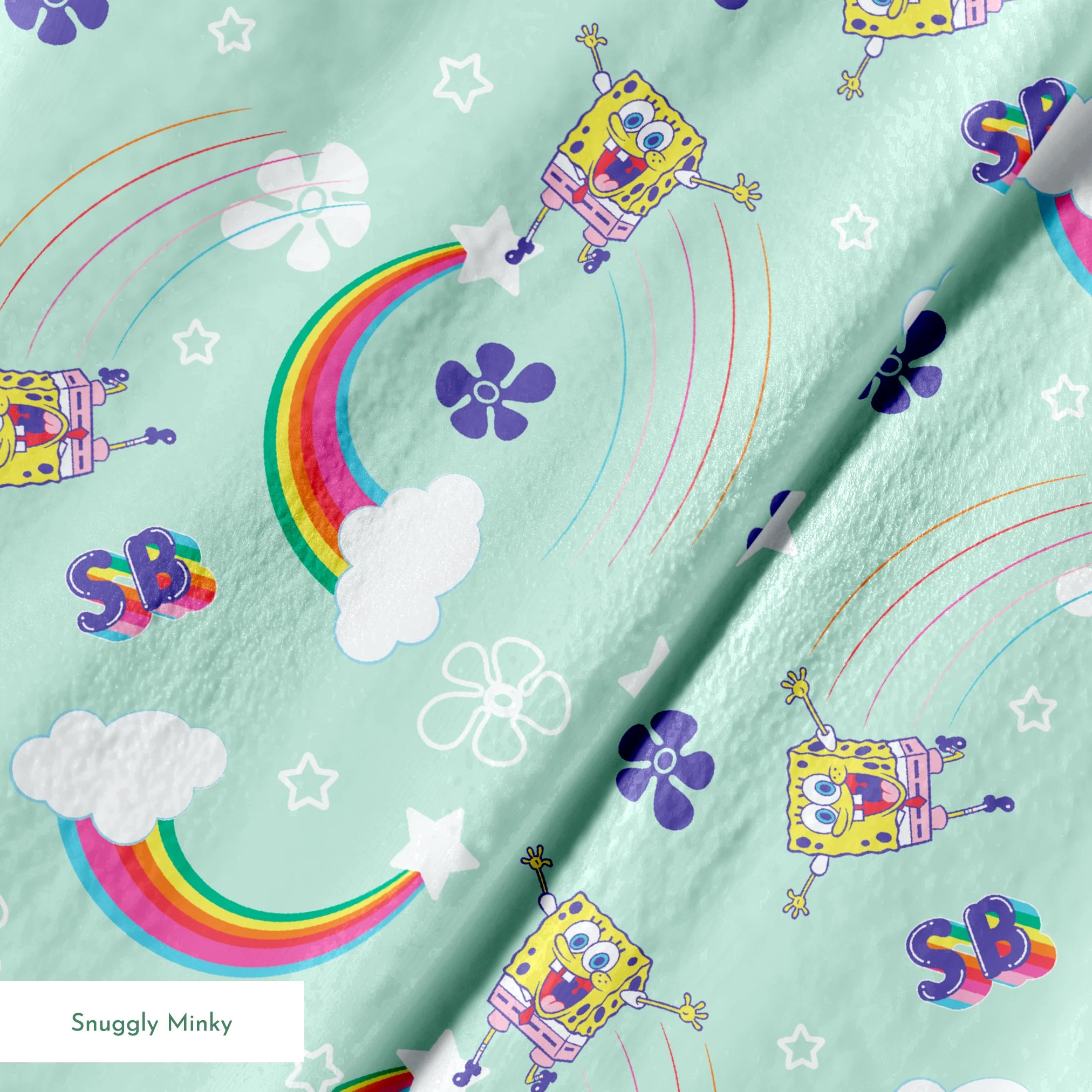 SpongeBob flying over rainbows with clouds, stars, and floral icons on a mint green background in a cheerful cartoon-style Nickelodeon design springs minky texture