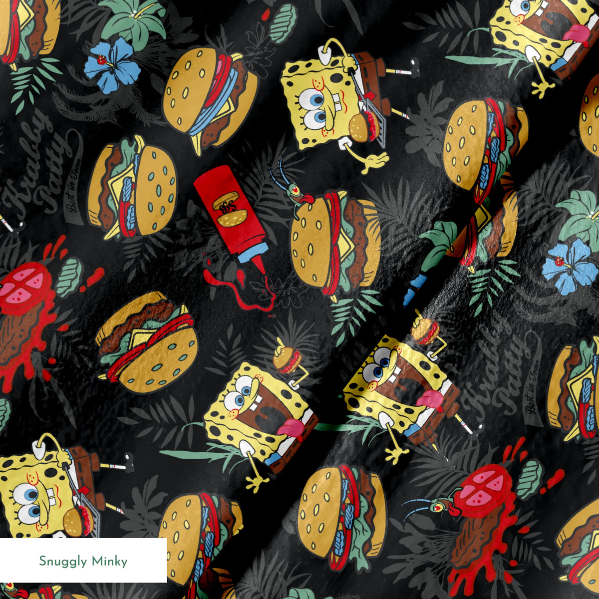SpongeBob, Plankton, and Krabby Patties with tropical leaves and flowers on a black background in a bold character-themed design. springs minky texture