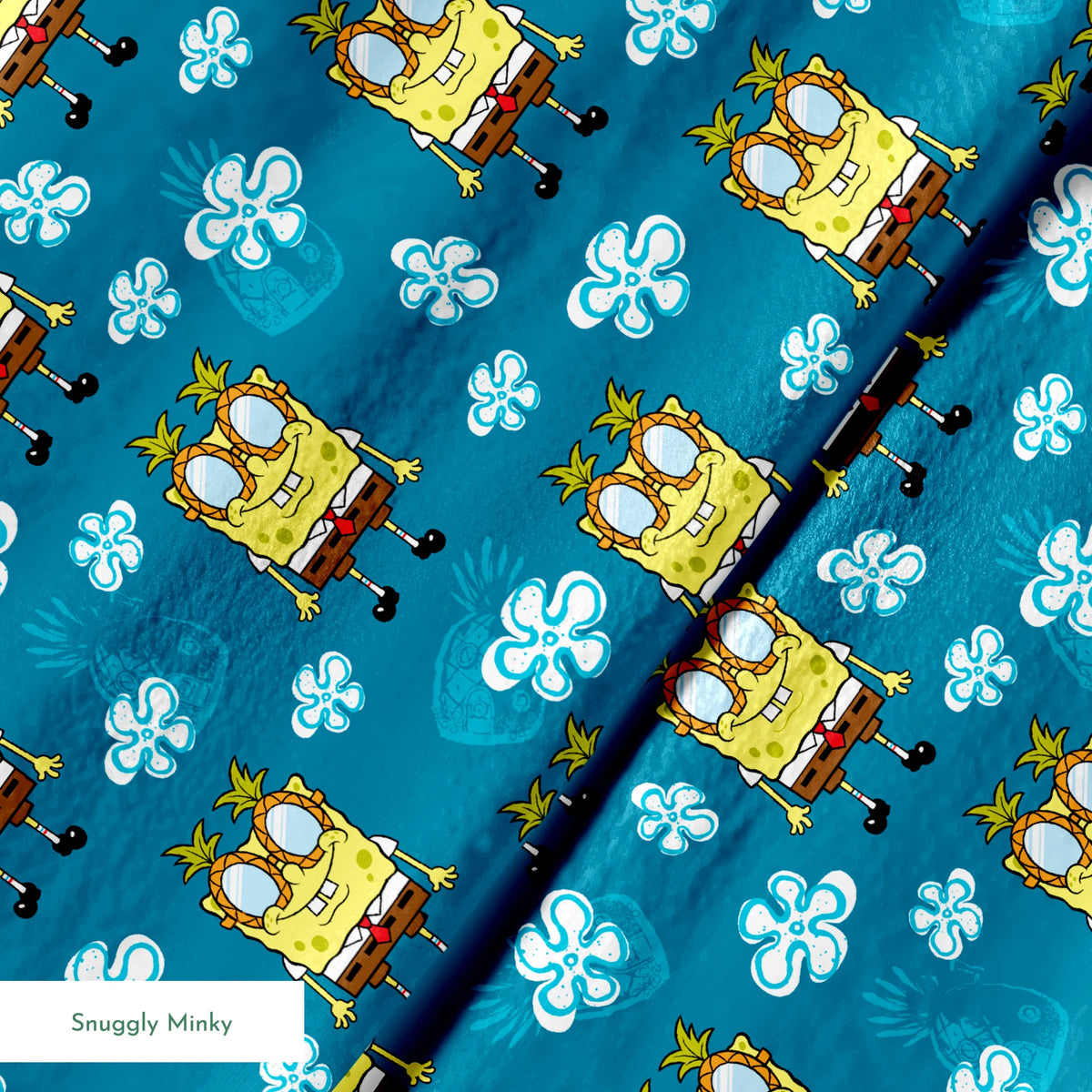 Yellow cartoon character with glasses on teal background with white flower pattern, repeating design springs minky texture