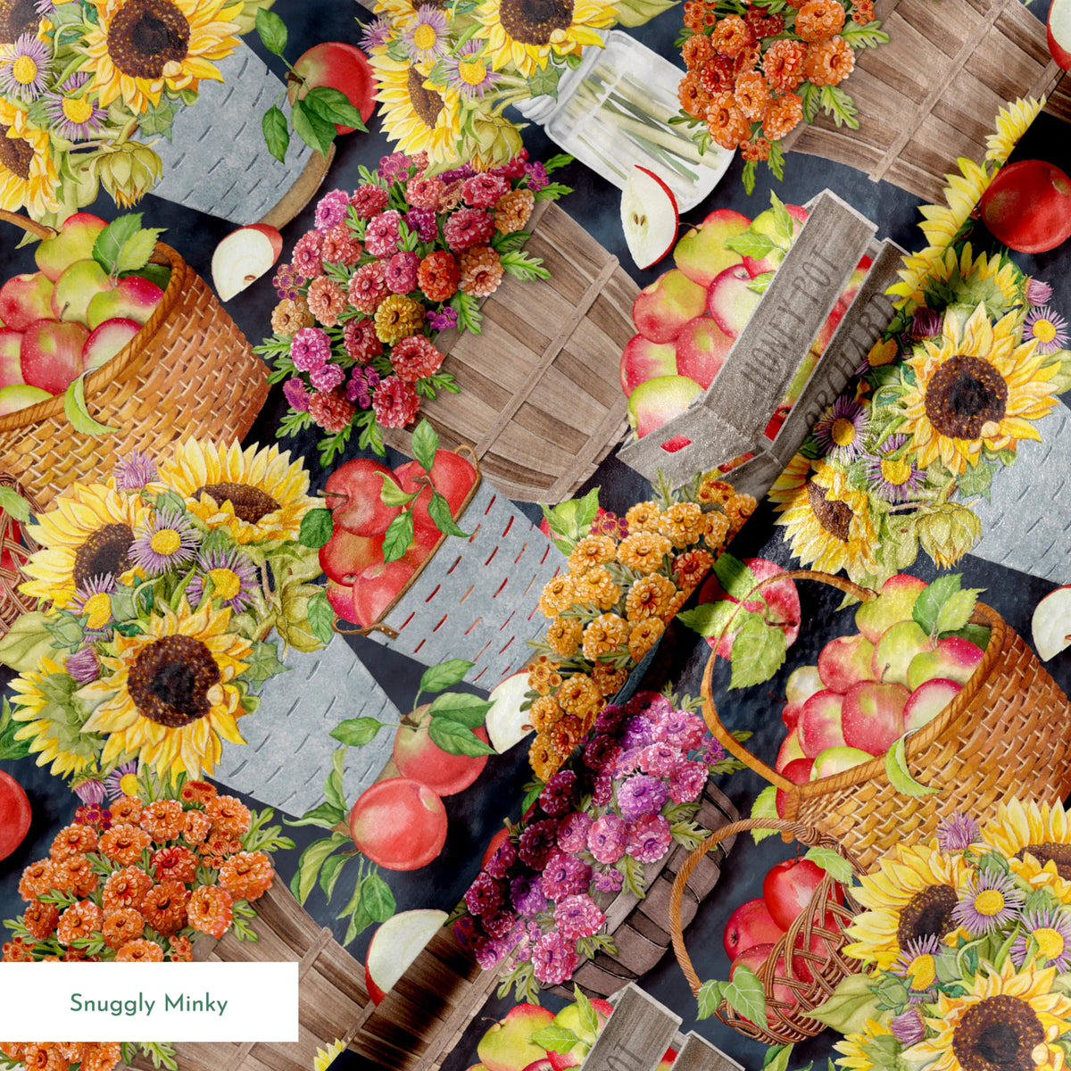 Baskets filled with sunflowers, mums, and apples in a colorful autumn harvest design by Nicole Tamarin. springs minky texture