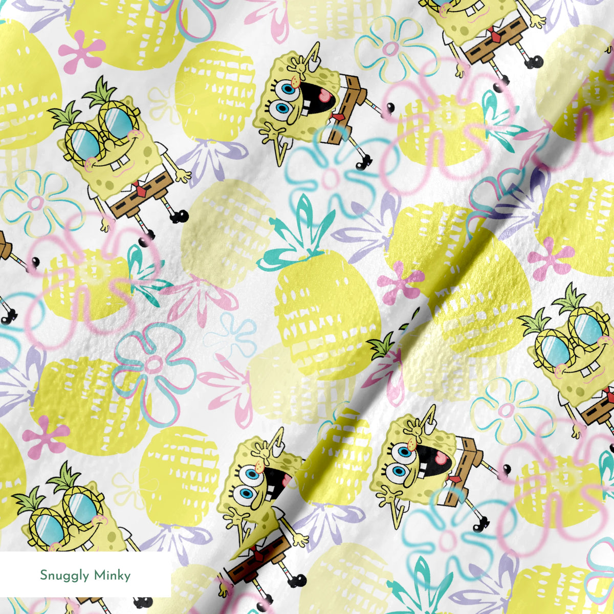 SpongeBob wearing pineapple glasses surrounded by yellow pineapples and pastel floral sketches on a white background in a playful Nickelodeon design. springs minky texture