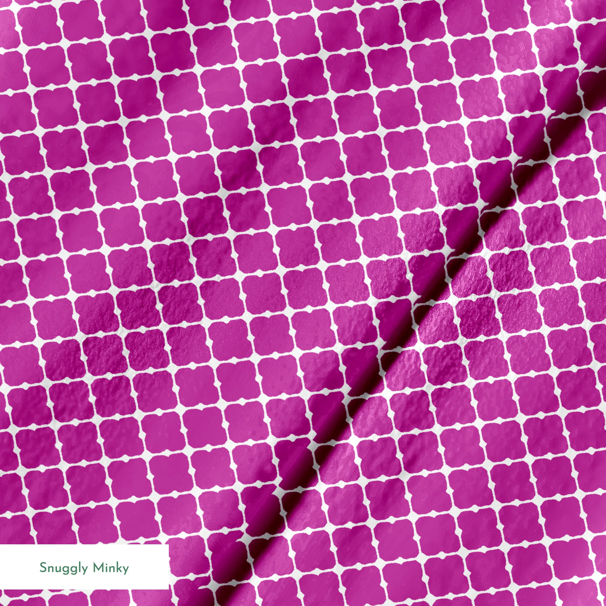 Magenta quatrefoil pattern with white lattice outline springs minky texture