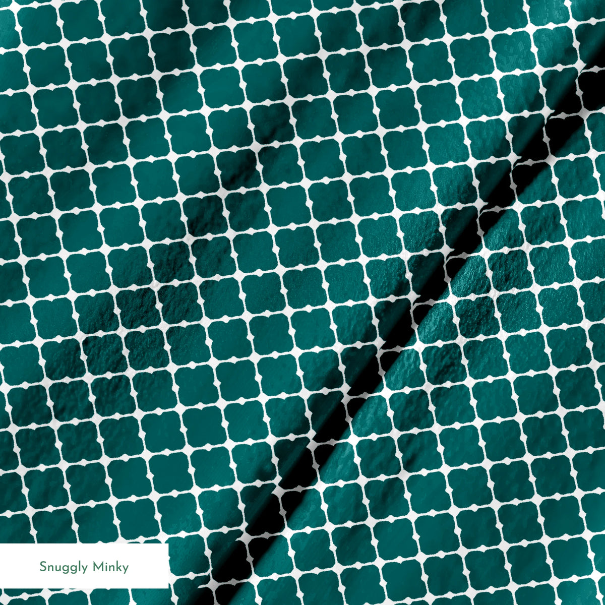 Dark teal quatrefoil pattern with white lattice outlines on a geometric background springs minky texture