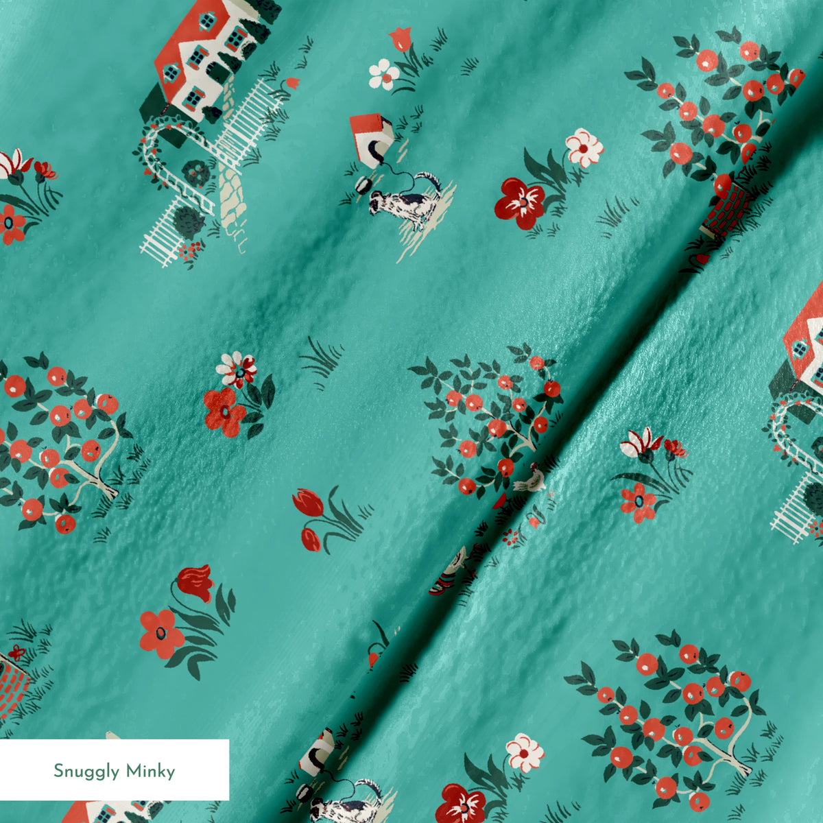 Teal background fabric with vintage cottages, flowers, chickens, and wells in a scattered countryside layout. springs minky texture