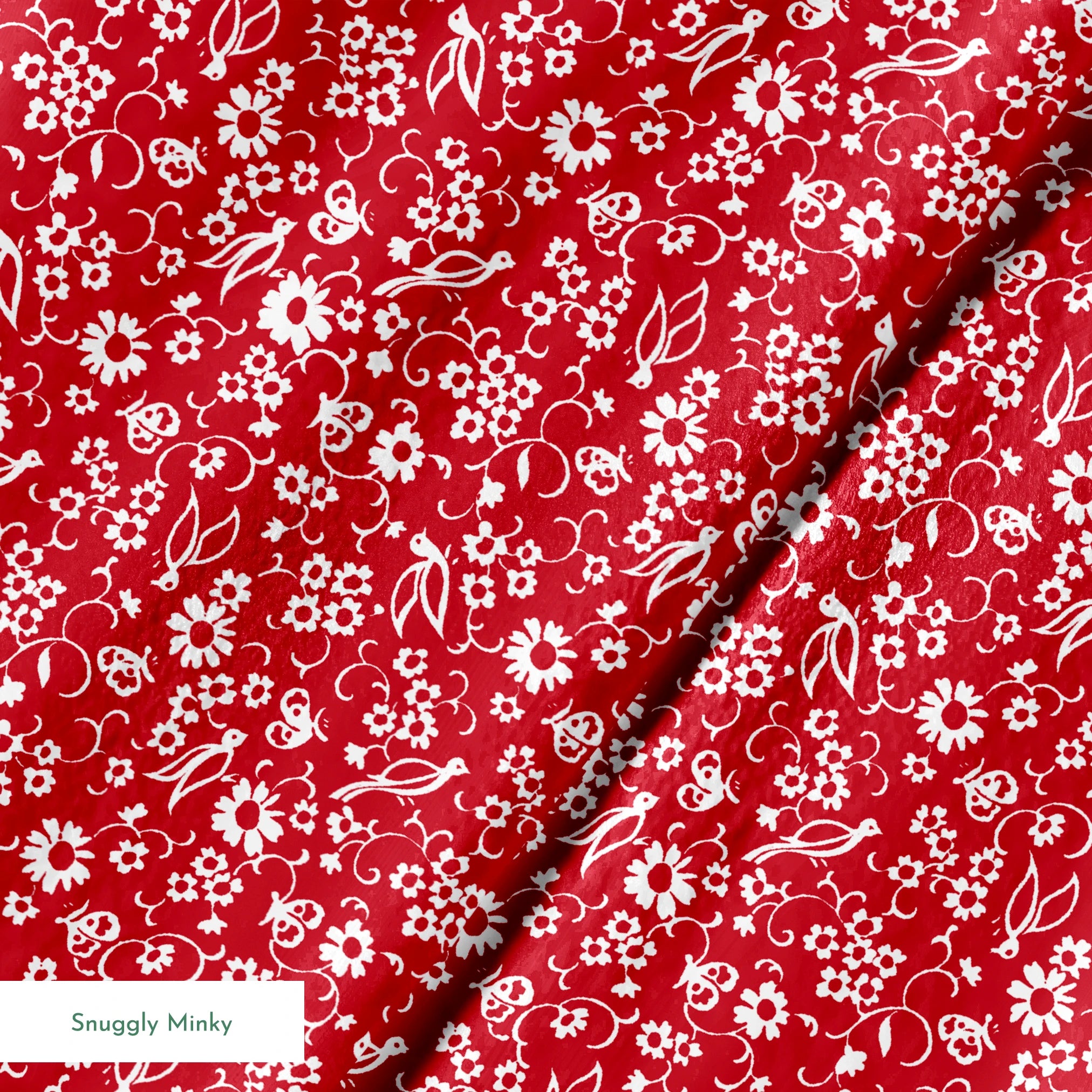 White floral and bird silhouette pattern on a bright red background. springs minky texture