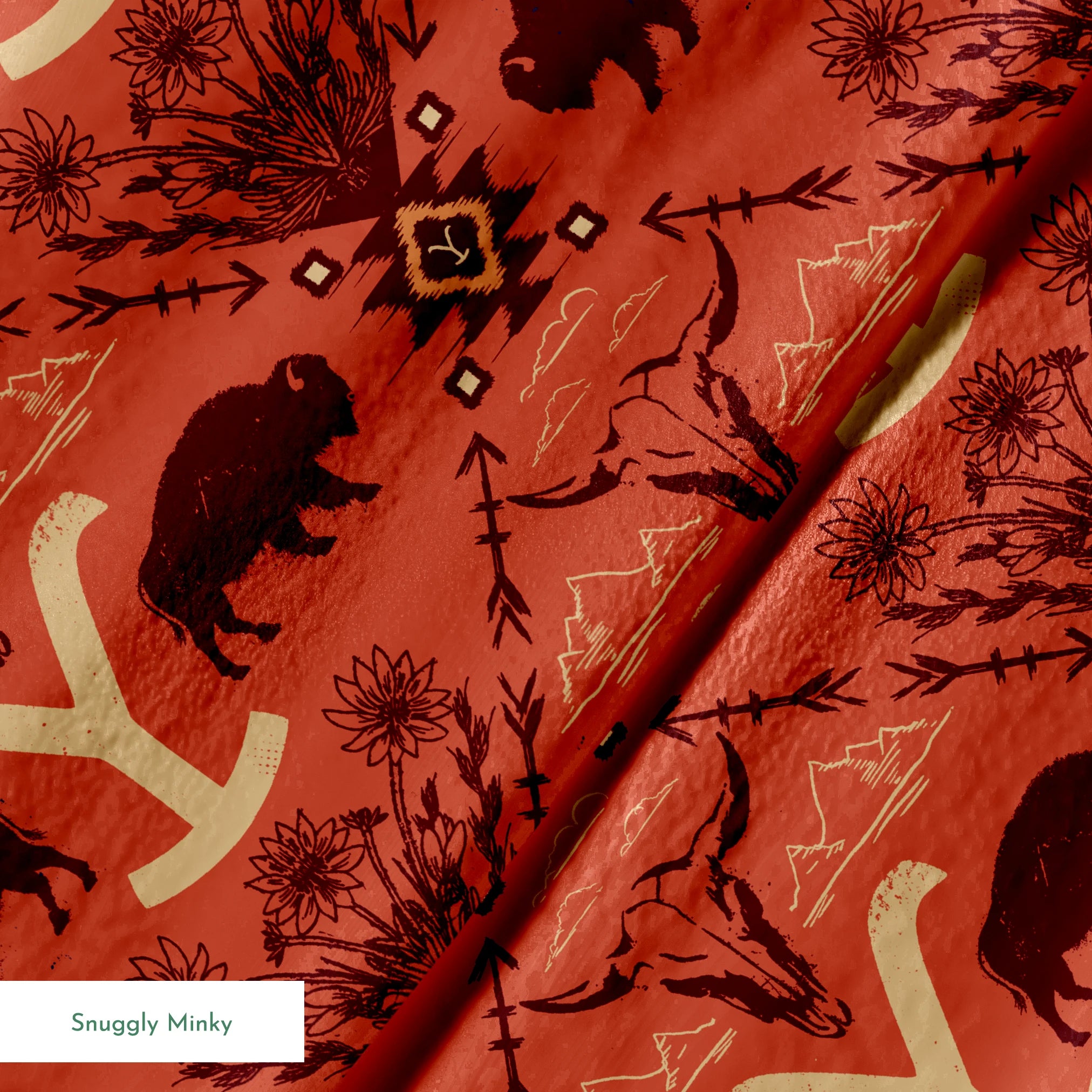 Terracotta and burgundy Yellowstone design with buffalo, skulls, wildflowers, and Western motifs. springs minky texture