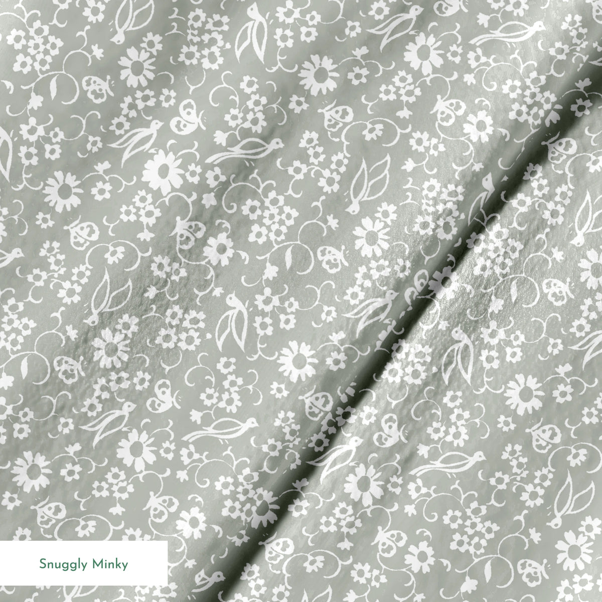 White vintage-style bird and floral silhouettes on a soft gray background. springs minky texture