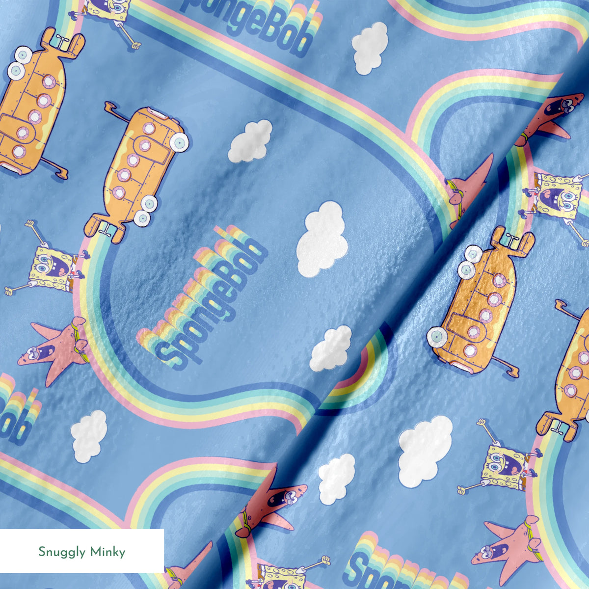 SpongeBob pattern with cartoon characters, buses, rainbows and clouds on light blue background springs minky texture