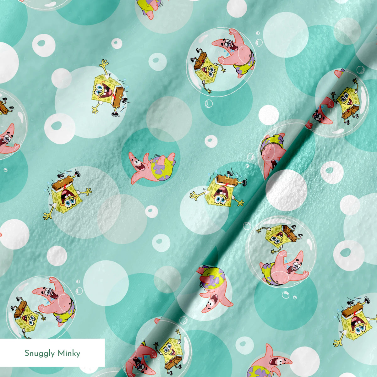 SpongeBob and Patrick floating in transparent bubbles across a seafoam green background with layered circle accents. springs minky texture
