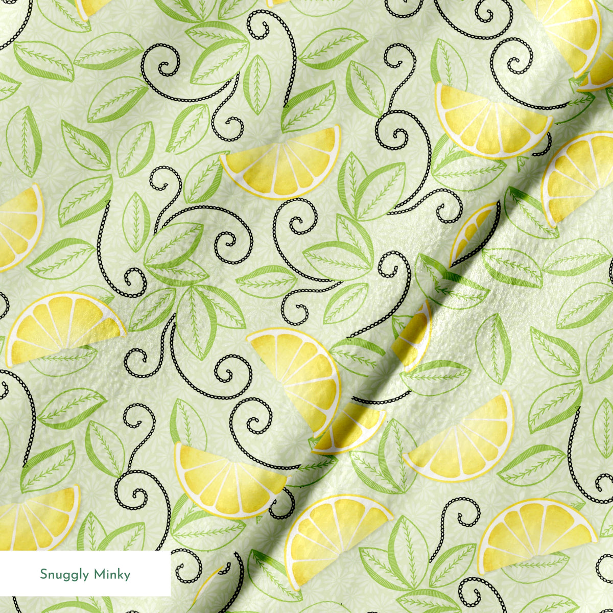 Yellow lemon slices with swirling green leaves on a soft green background in a playful, fresh layout. springs minky texture