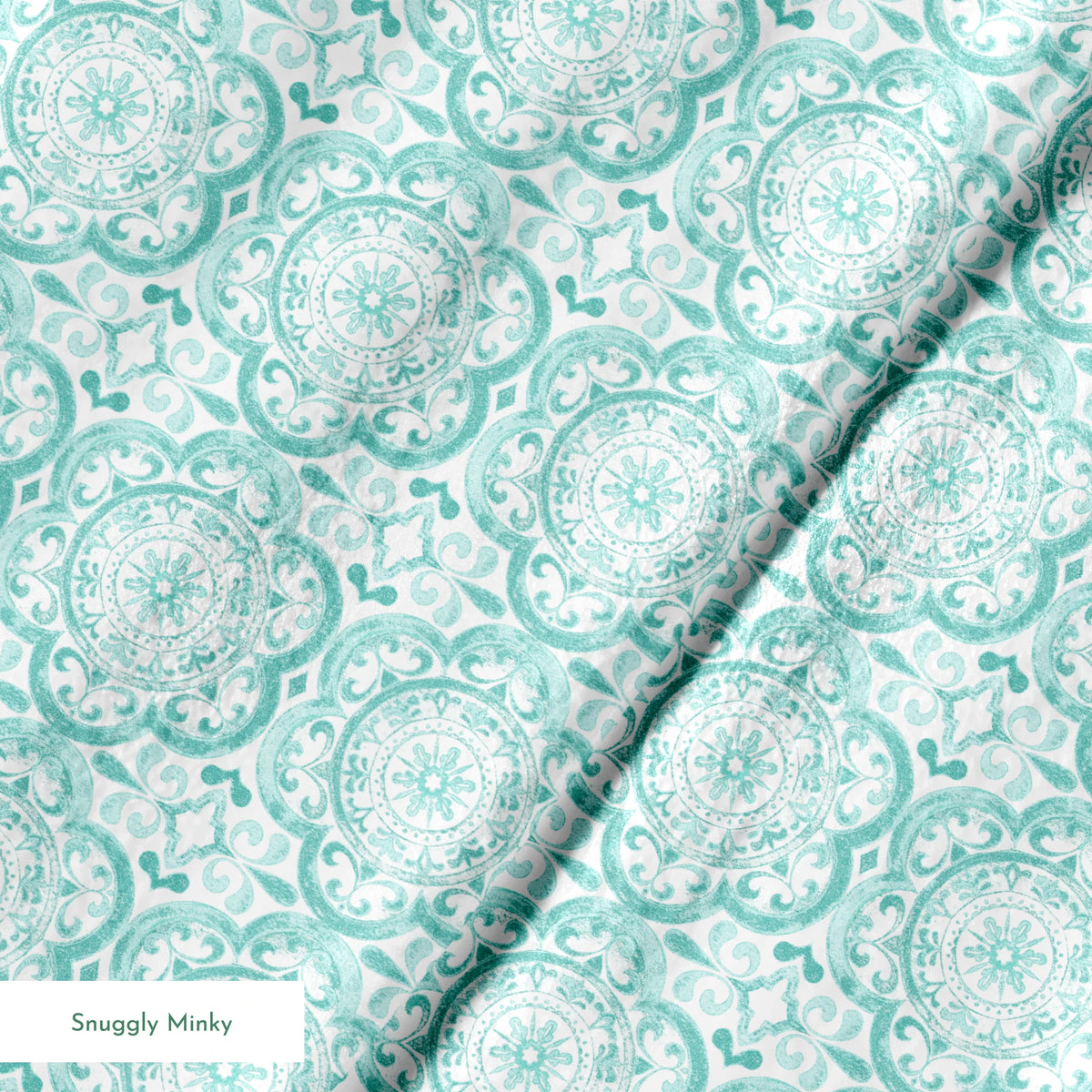 Teal medallion tile-inspired design with intricate floral and scroll details by Nicole Tamarin, from the Squeeze the Day collection. springs minky texture
