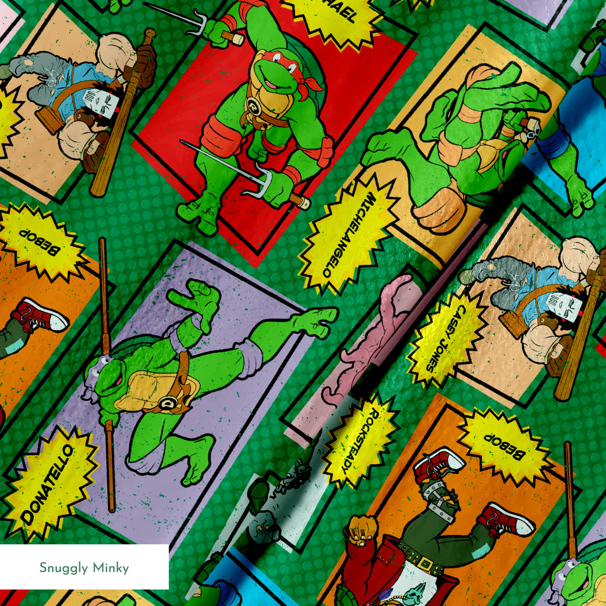 Retro Teenage Mutant Ninja Turtles comic print with turtles, villains, and action words in colorful panels. springs minky texture