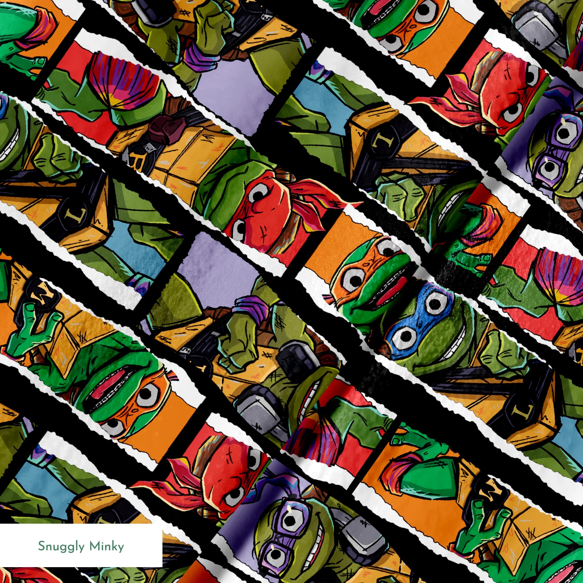 Teenage Mutant Ninja Turtles torn panel design with Leonardo, Donatello, Michelangelo, and Raphael in colorful comic-style art by Nickelodeon. springs minky texture