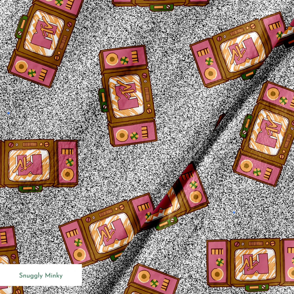 Pink and brown retro televisions with the MTV logo over a grainy gray static background in a scattered repeat. springs minky texture