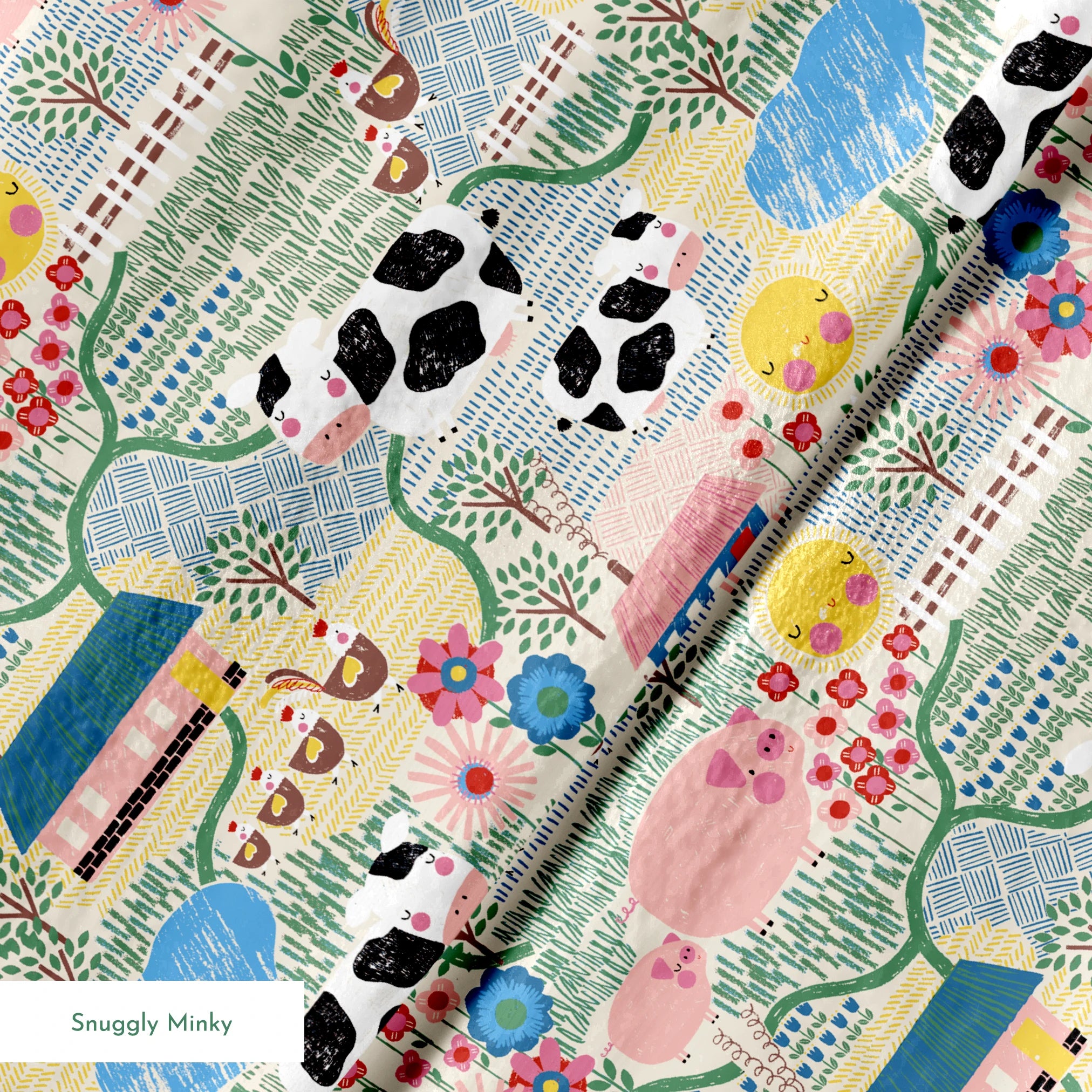Colorful farm illustration with pink pigs, spotted cows, flowers, and small houses on textured ba... springs minky texture