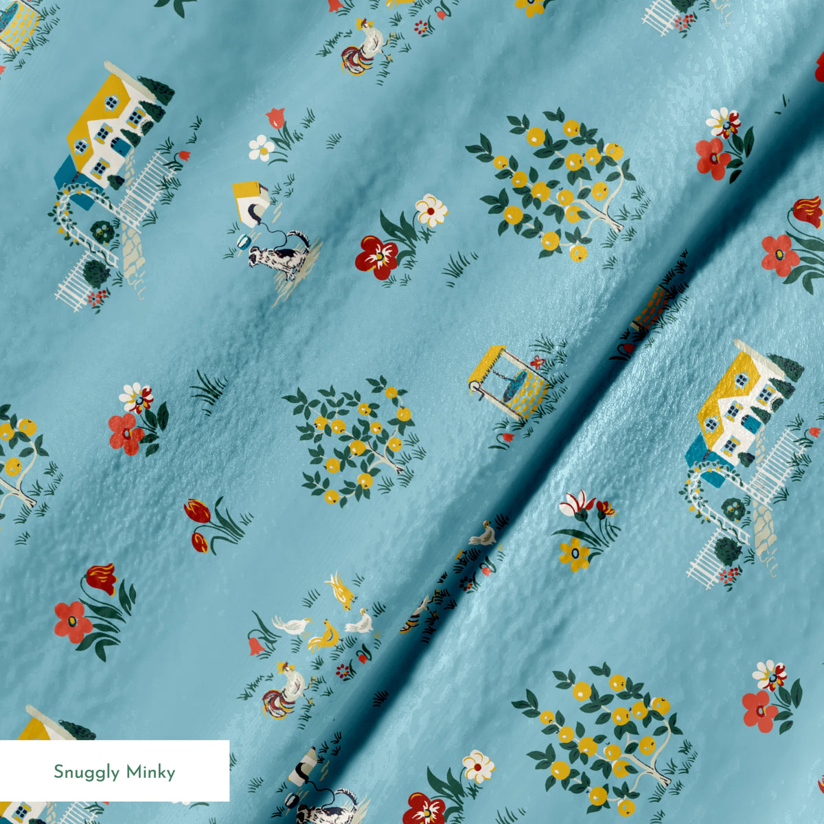 Blue-gray background with repeating folk art pattern of small cottages, white geese, floral clusters, and colorful tulips in yellow and red. springs minky texture