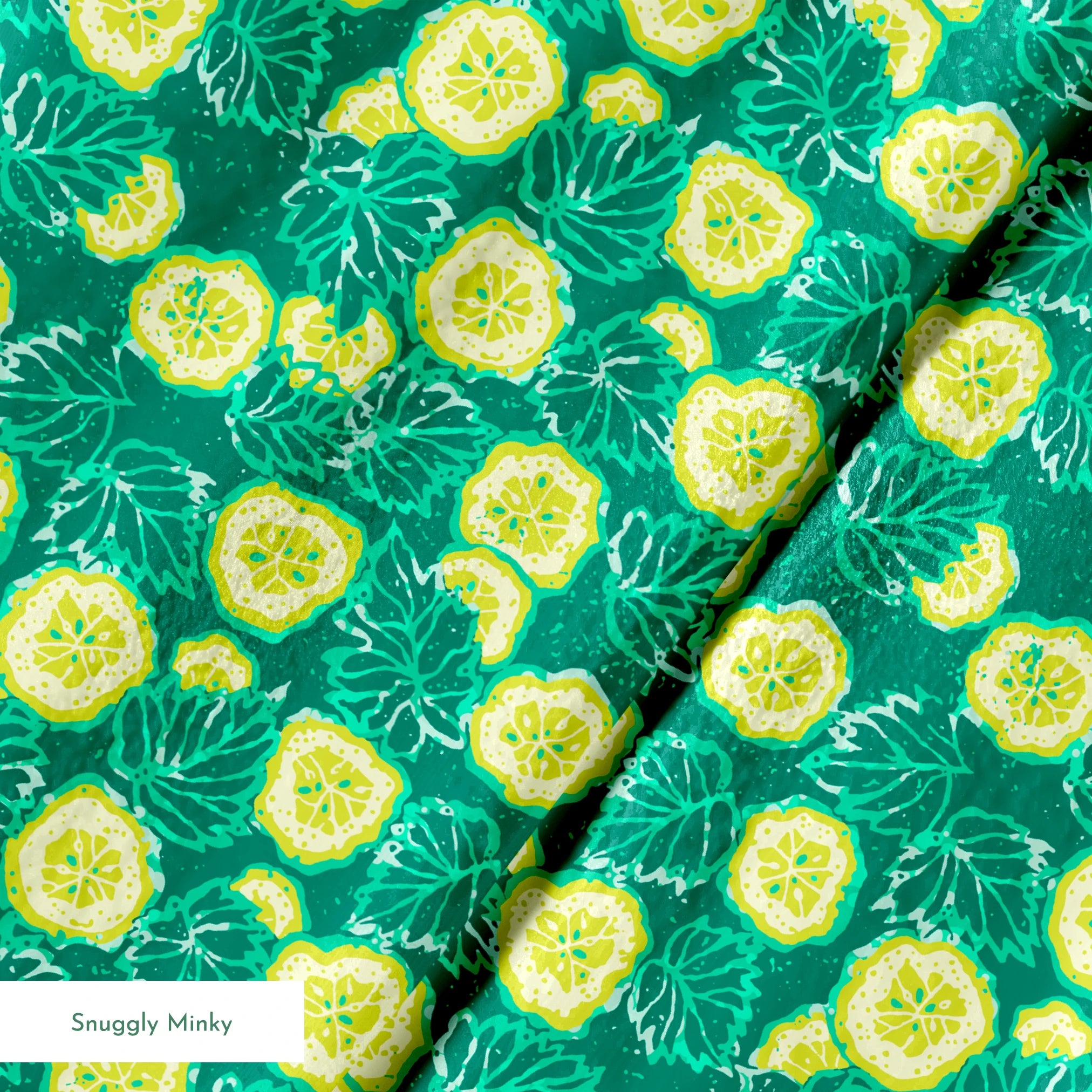 Vibrant green background with yellow cucumber slices and light green leafy patterns springs minky texture